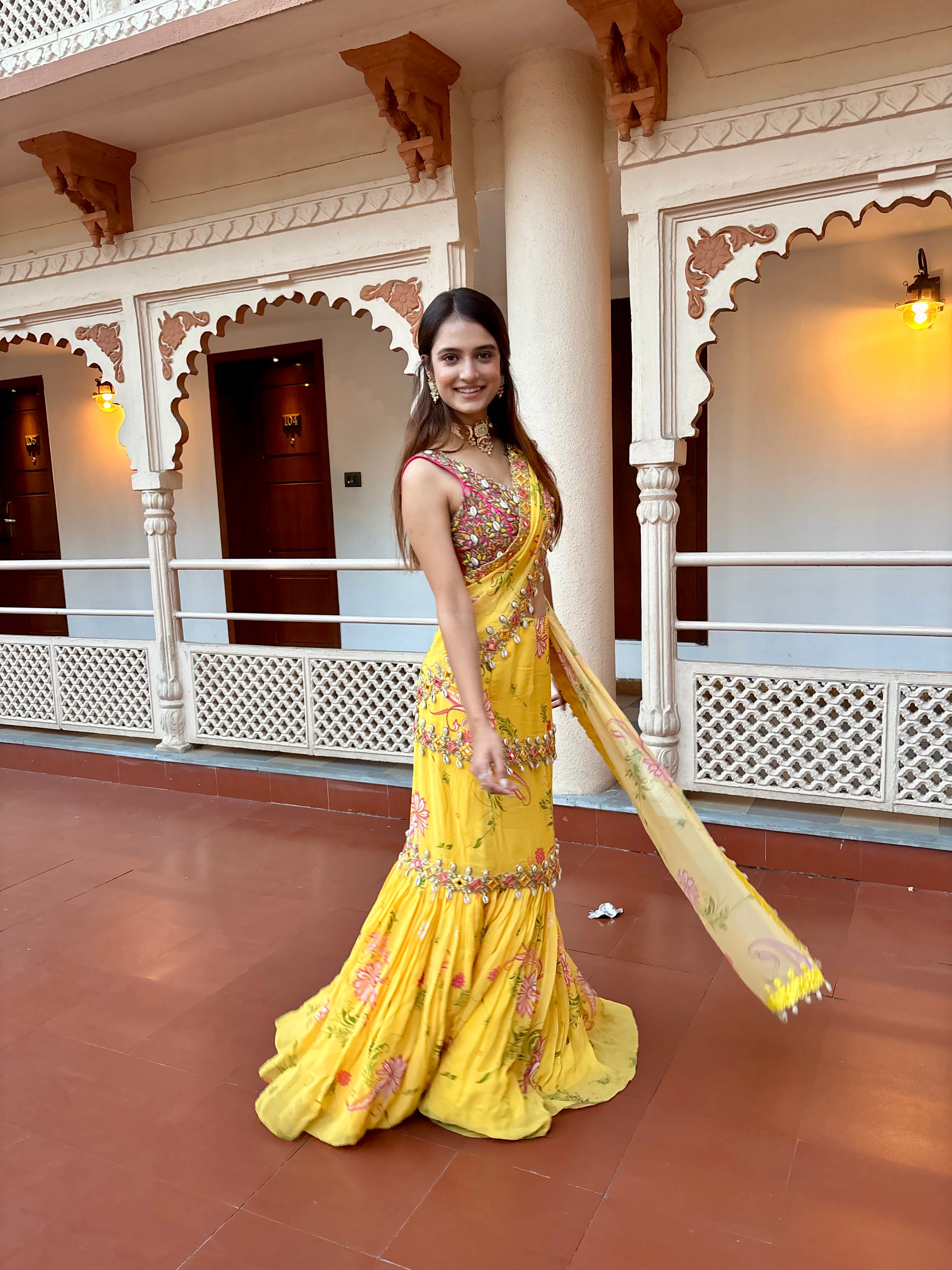 Yellow Pre-Draped Mumtaz Embroidered Paisley Print Saree Set