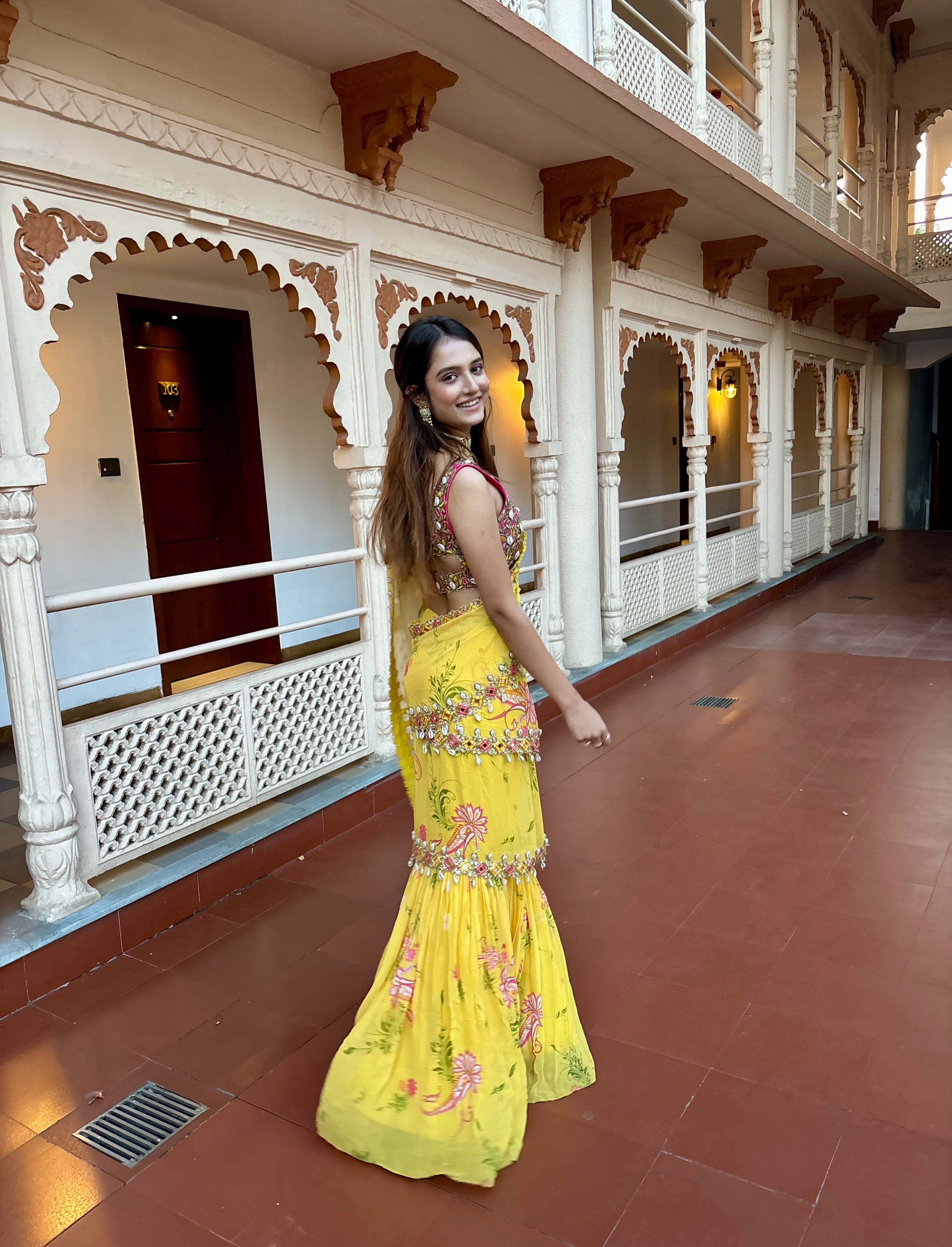 Yellow Pre-Draped Mumtaz Embroidered Paisley Print Saree Set