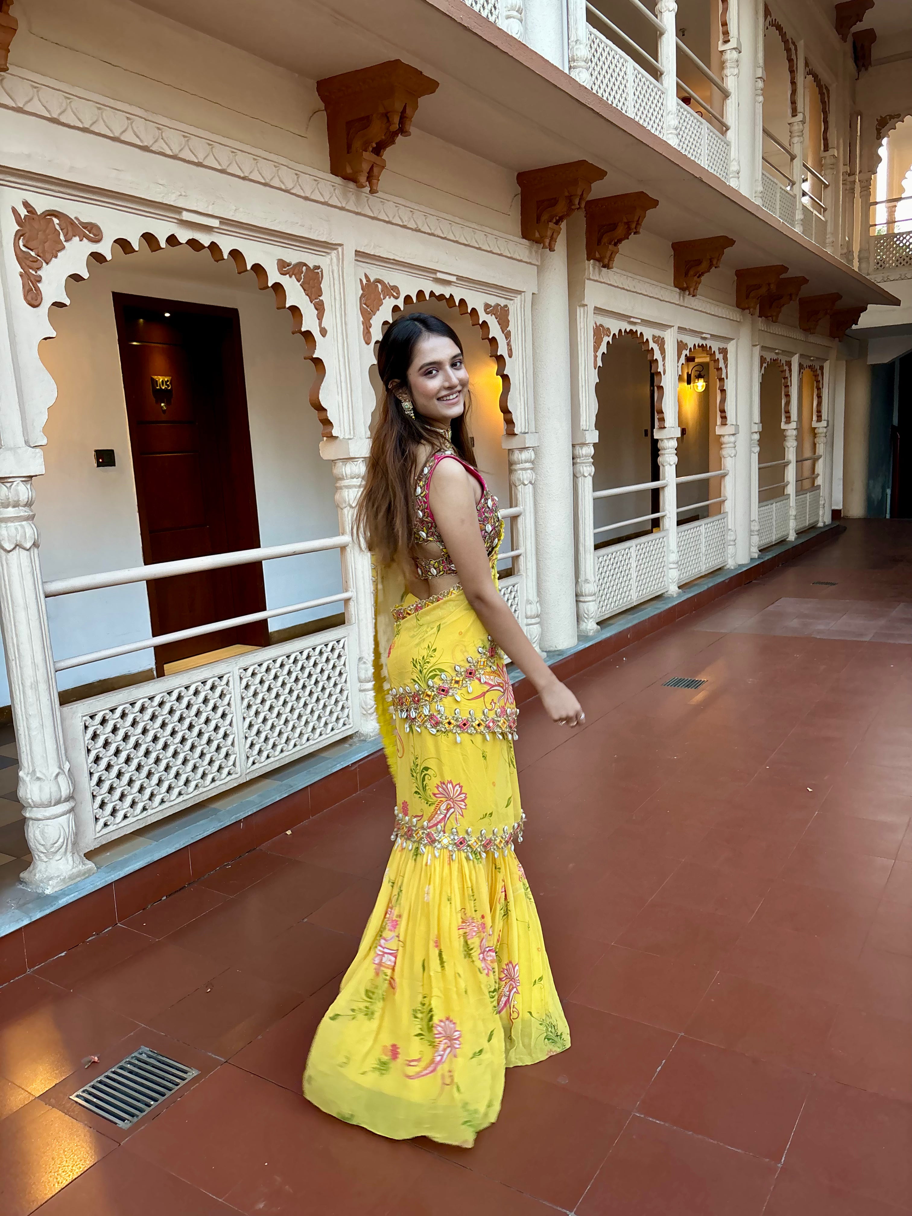 Yellow Pre-Draped Mumtaz Embroidered Paisley Print Saree Set