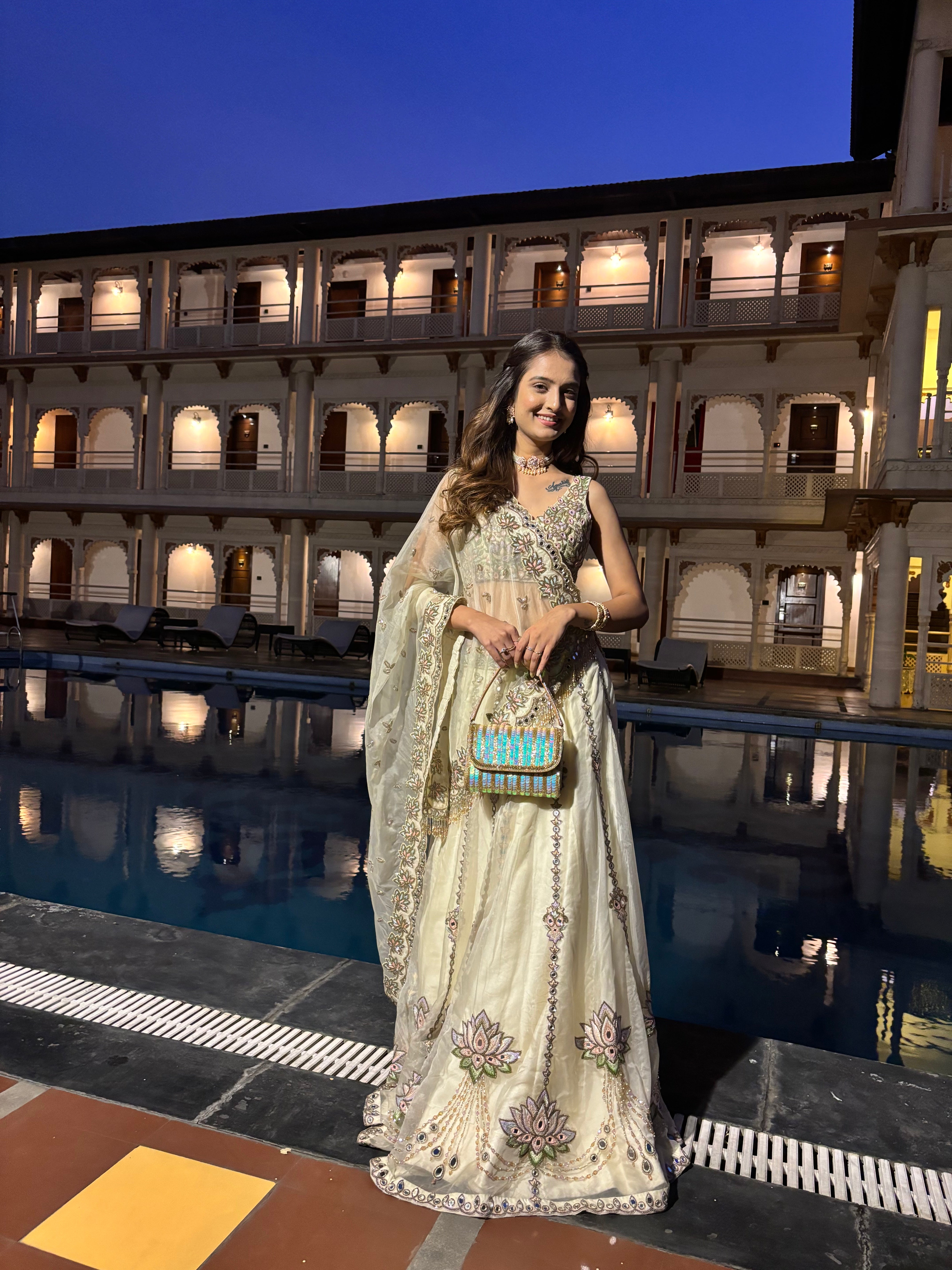 Pastel Colored Cream Mirror Embroidered Organza Lehenga