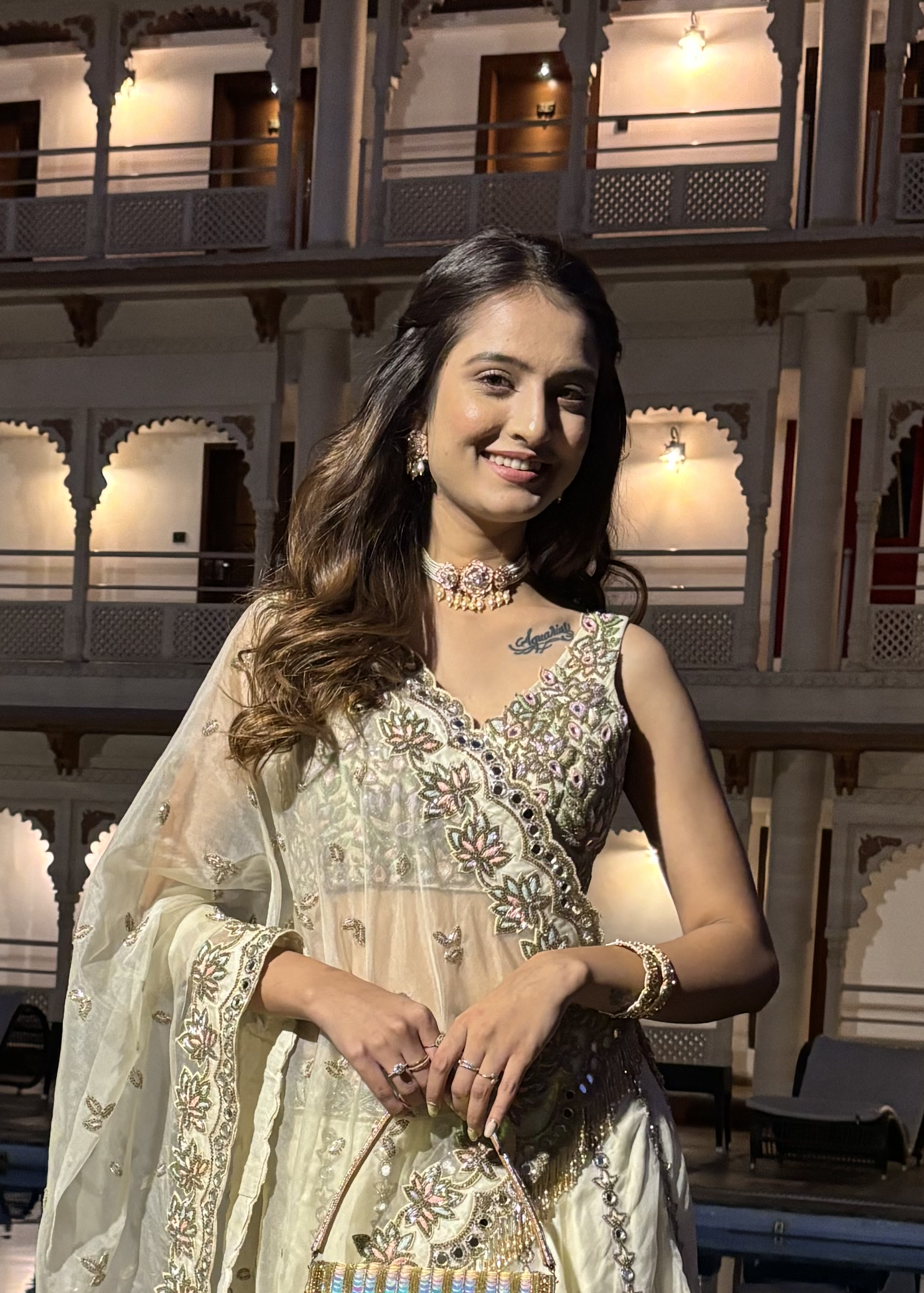 Pastel Colored Cream Mirror Embroidered Organza Lehenga