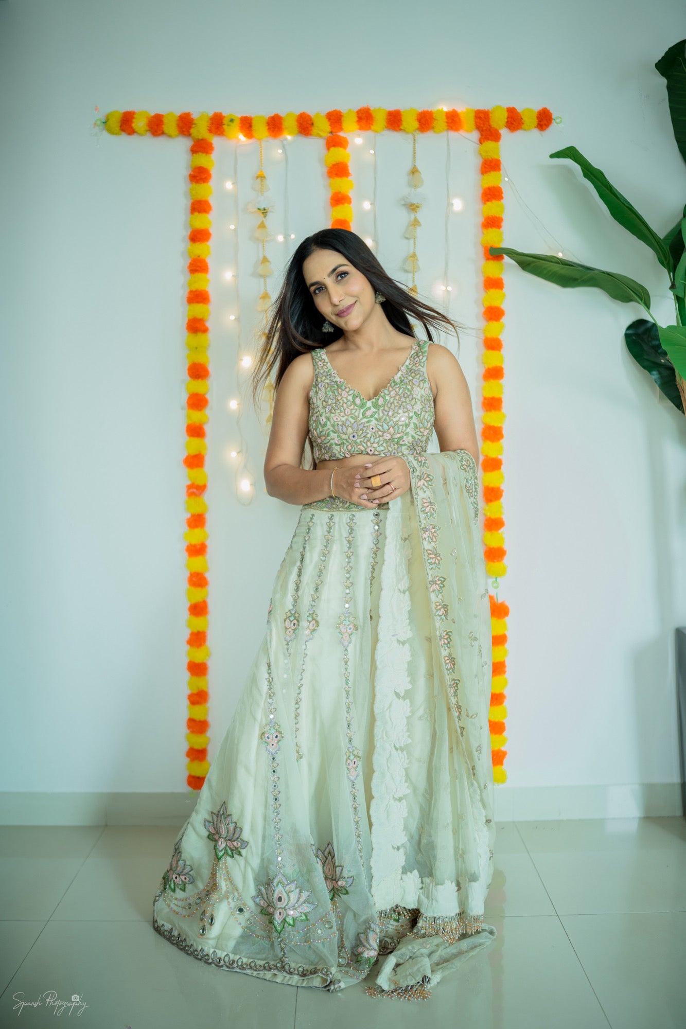 Pastel Colored Cream Mirror Embroidered Organza Lehenga (S)