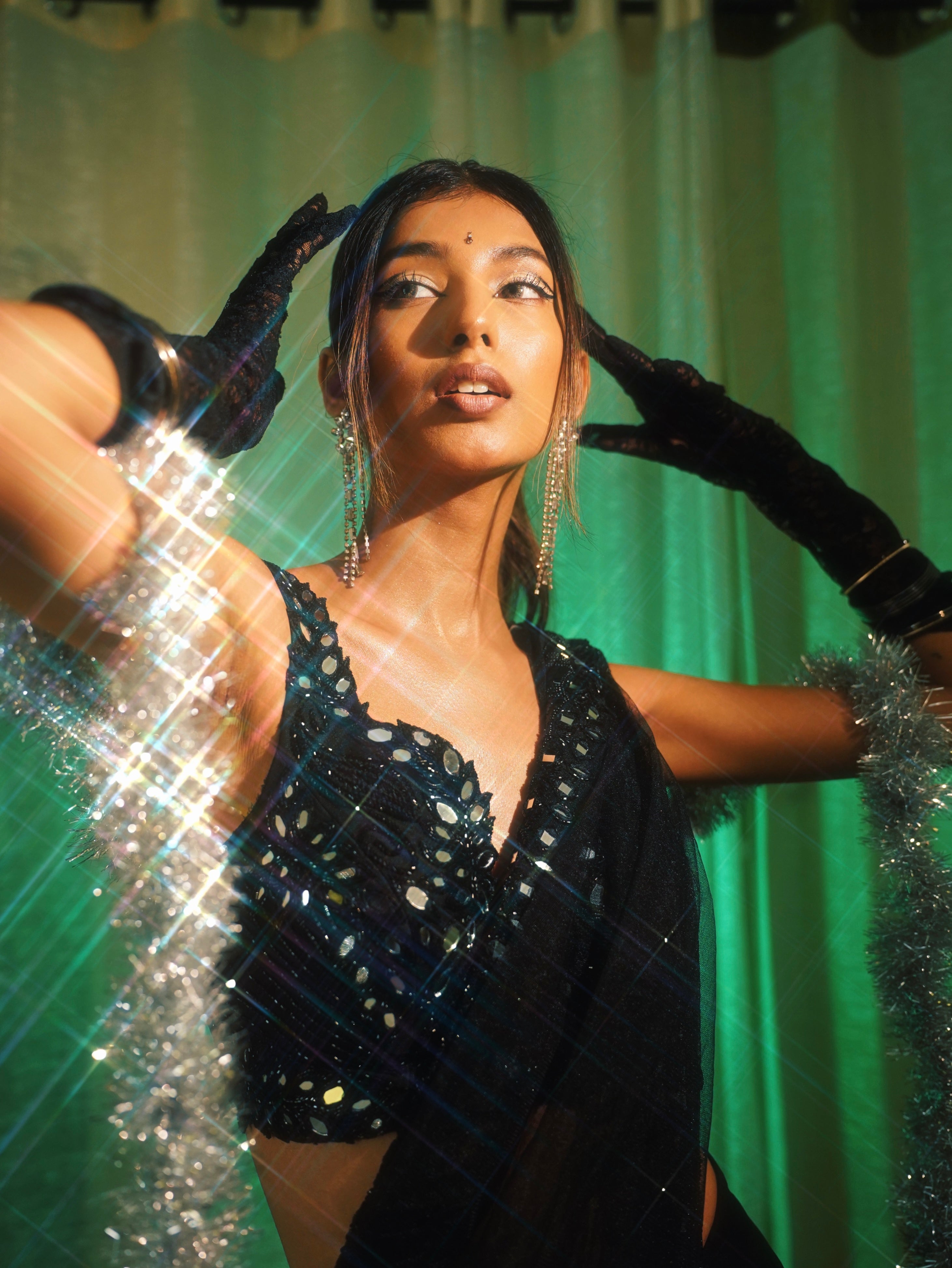 Black Embroidered Ruffle Saree Set