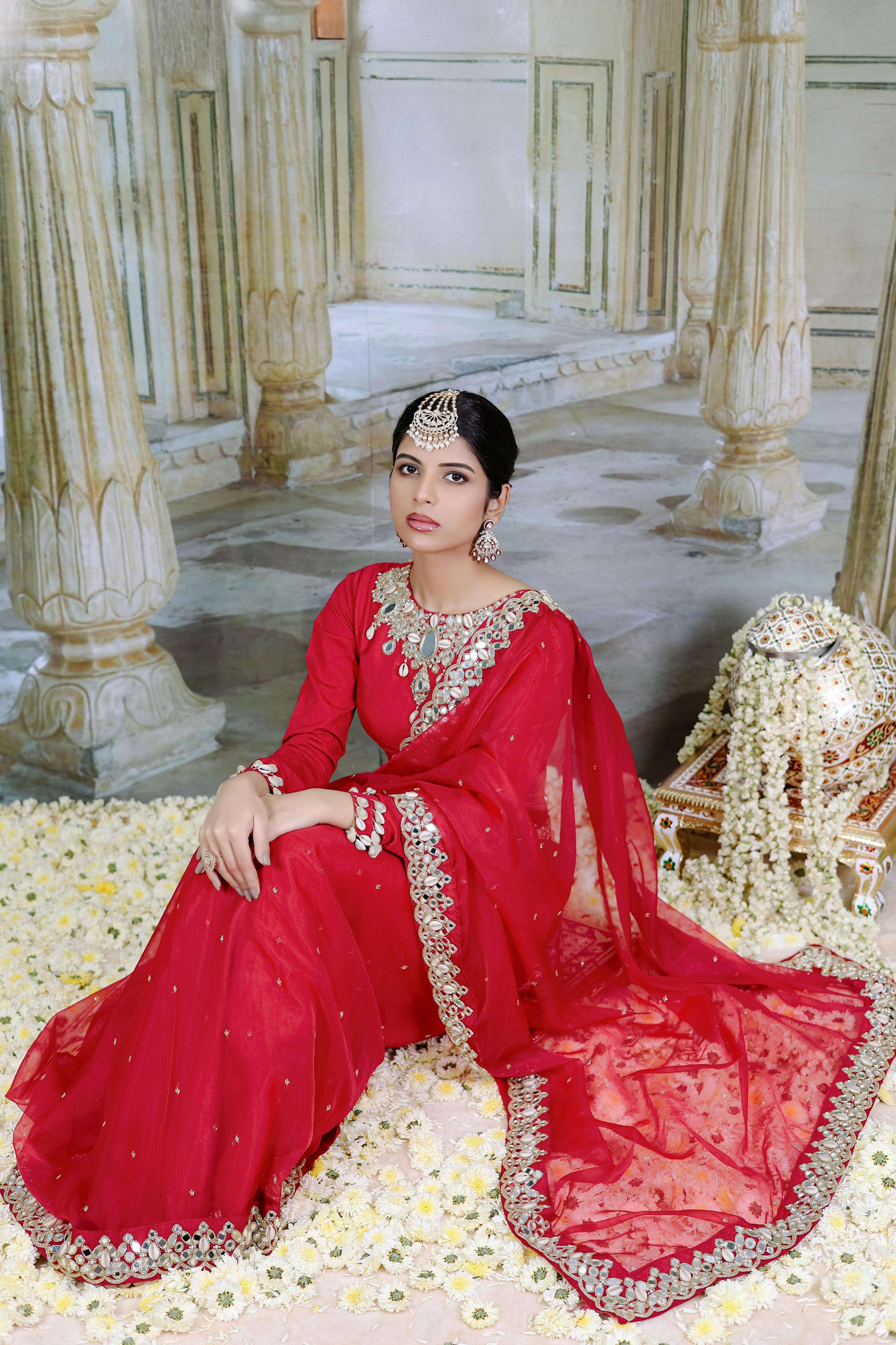 Red  Embroidered Pre-Draped  Saree Set