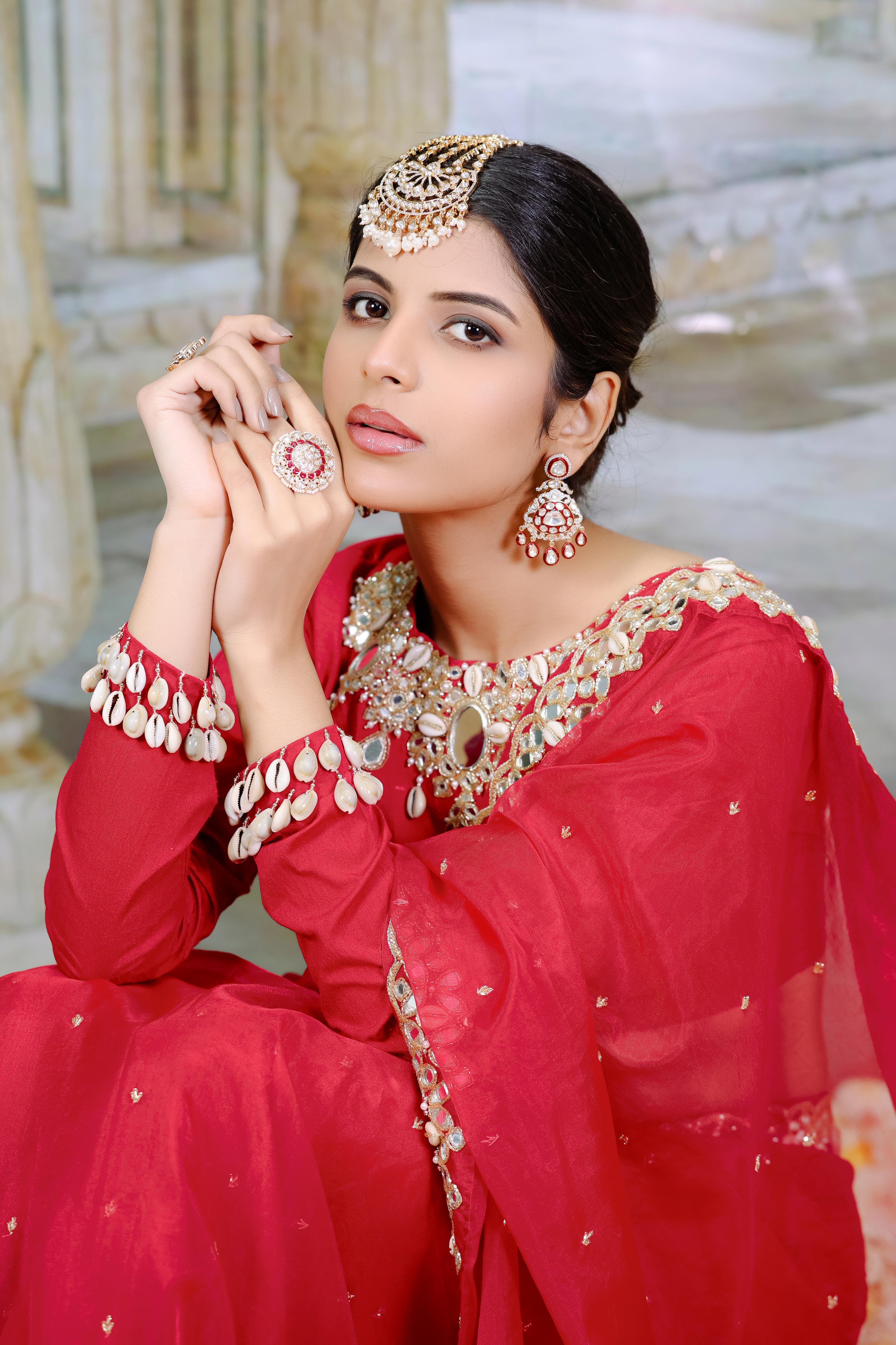Red  Embroidered Pre-Draped  Saree Set