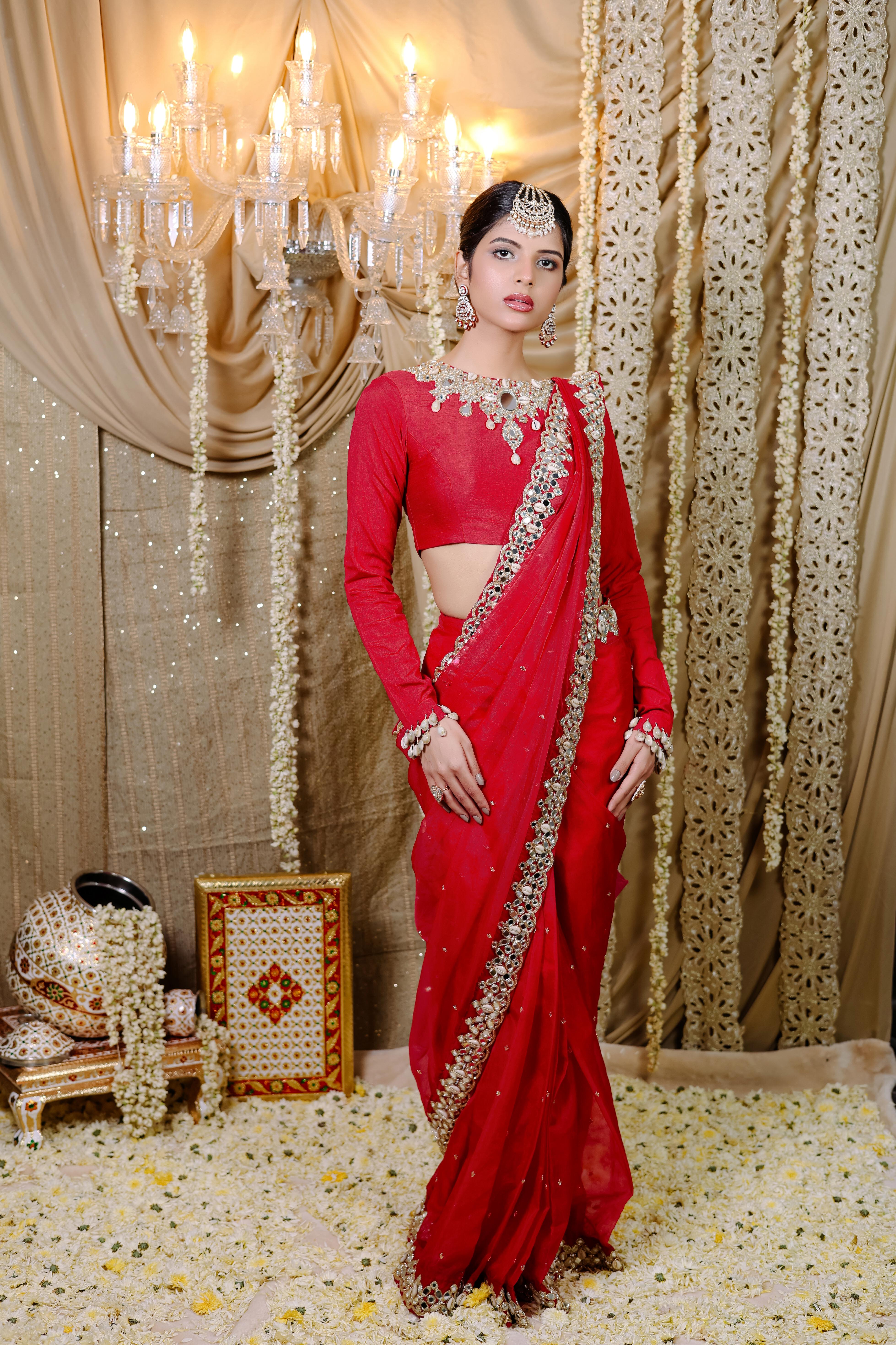 Red  Embroidered Pre-Draped  Saree Set