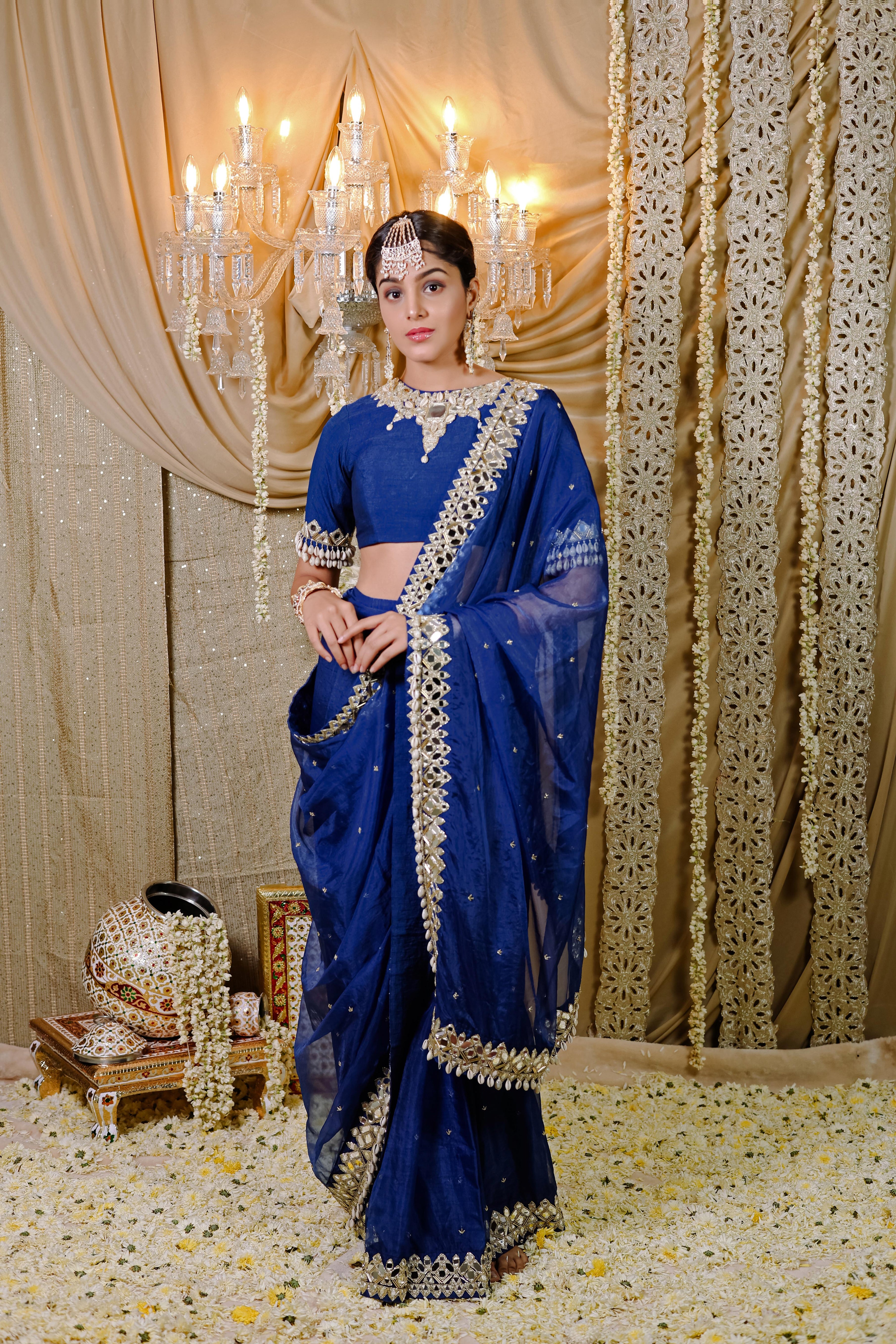 Dark Blue Embroidered Pre-Draped Saree Set