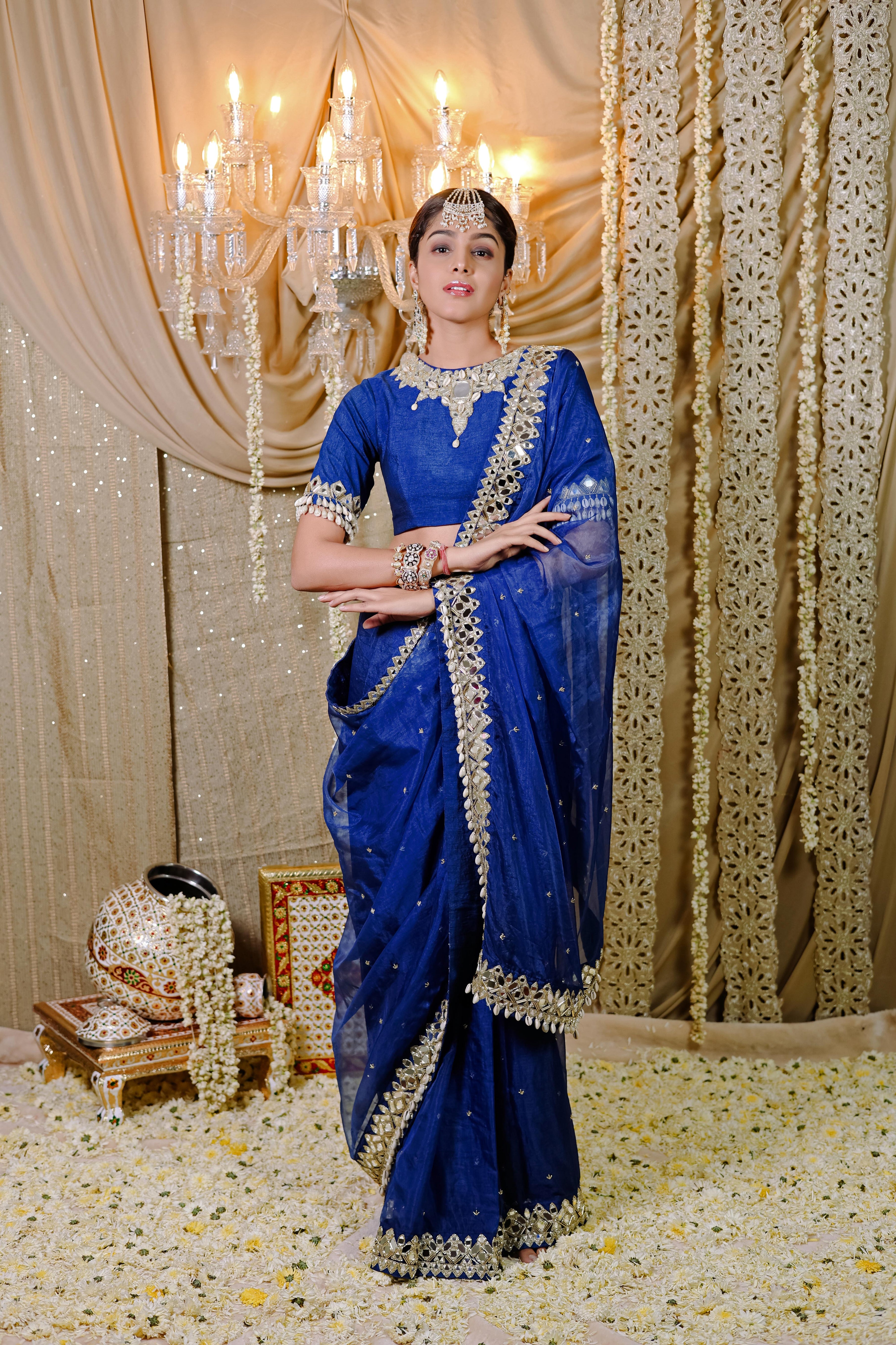 Dark Blue Embroidered Pre-Draped Saree Set (S)