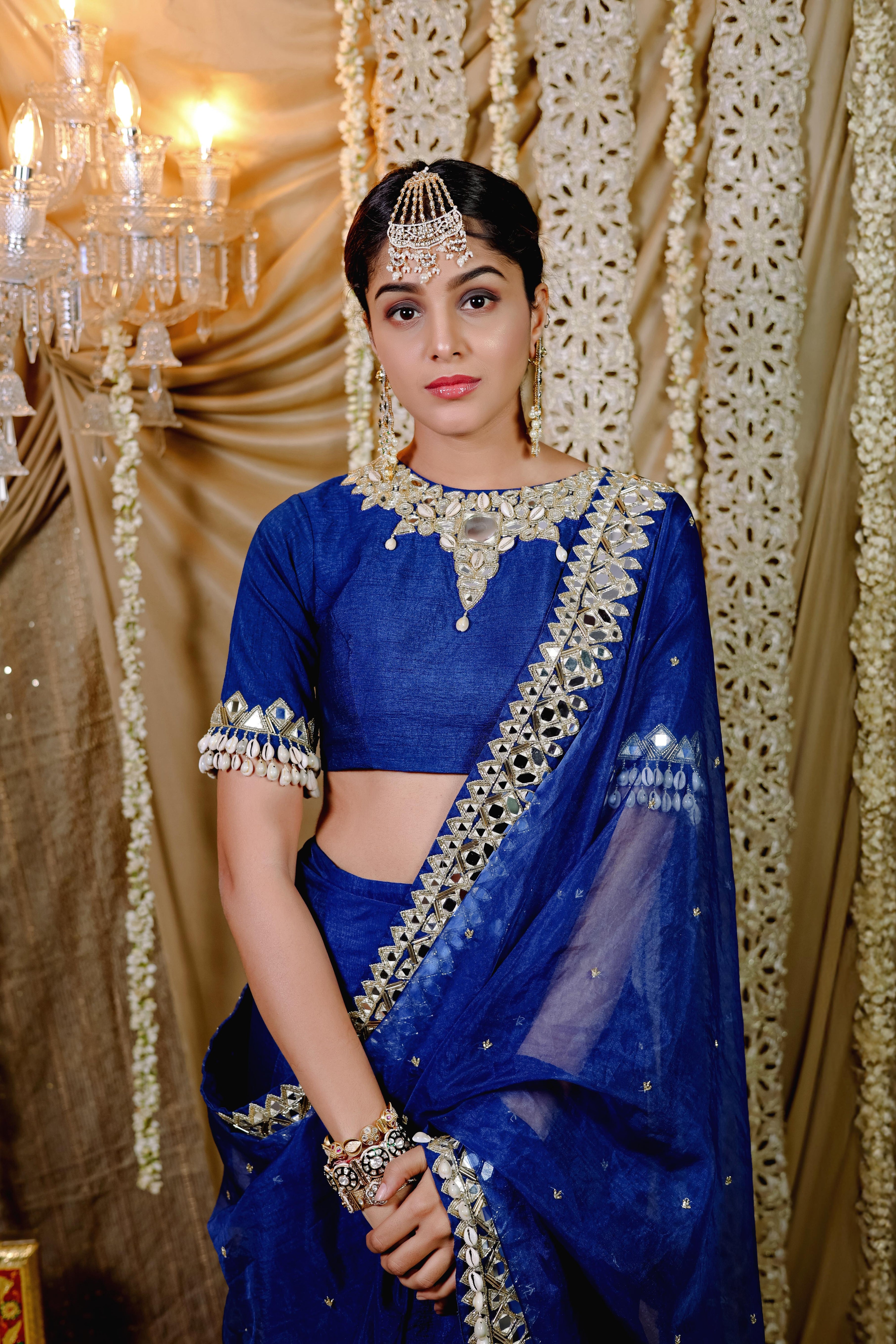 Dark Blue Embroidered Pre-Draped Saree Set (S)