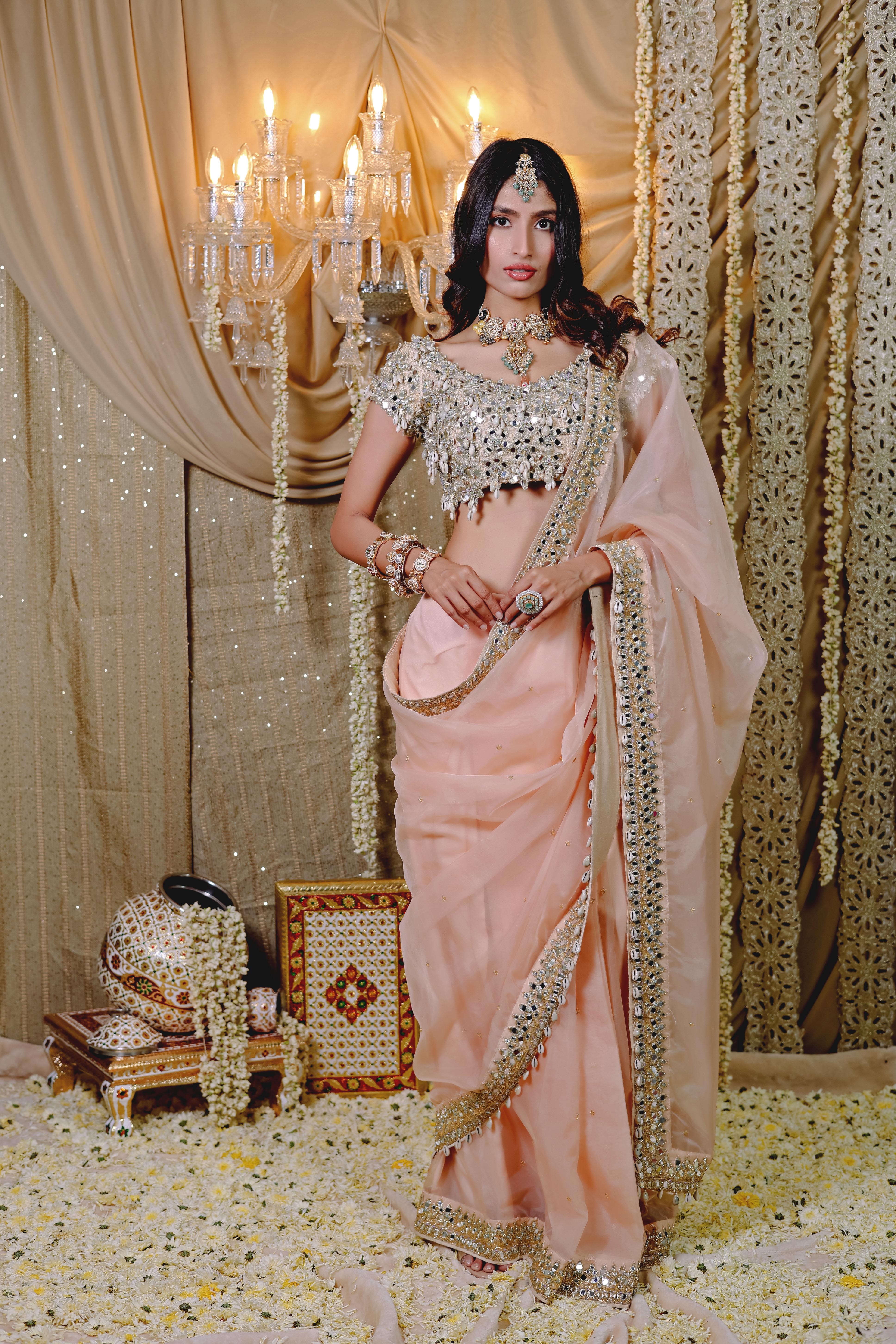 Peach Embroidered Pre-Draped   Saree Set (S)