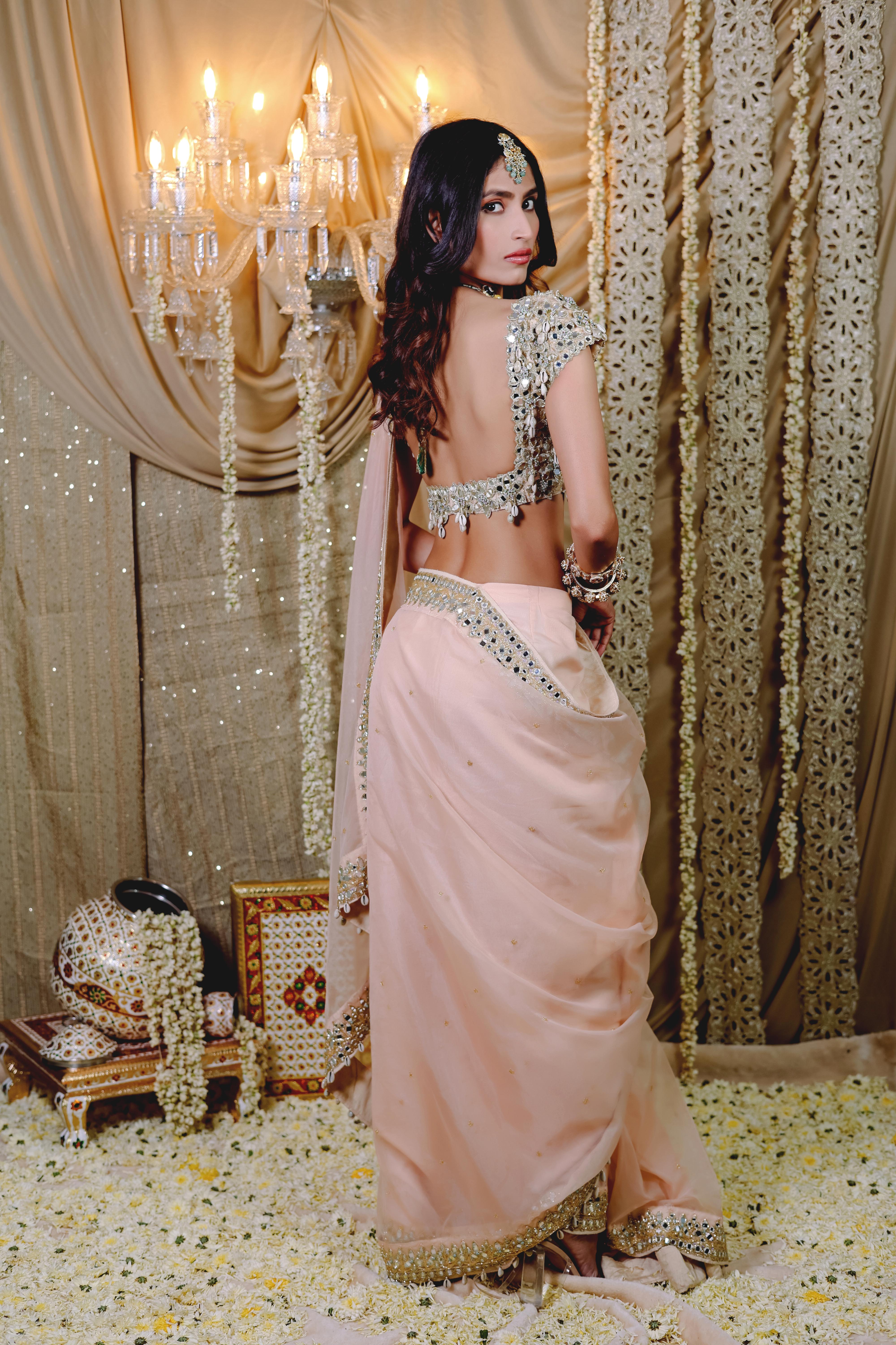 Peach Embroidered Pre-Draped   Saree Set (S)