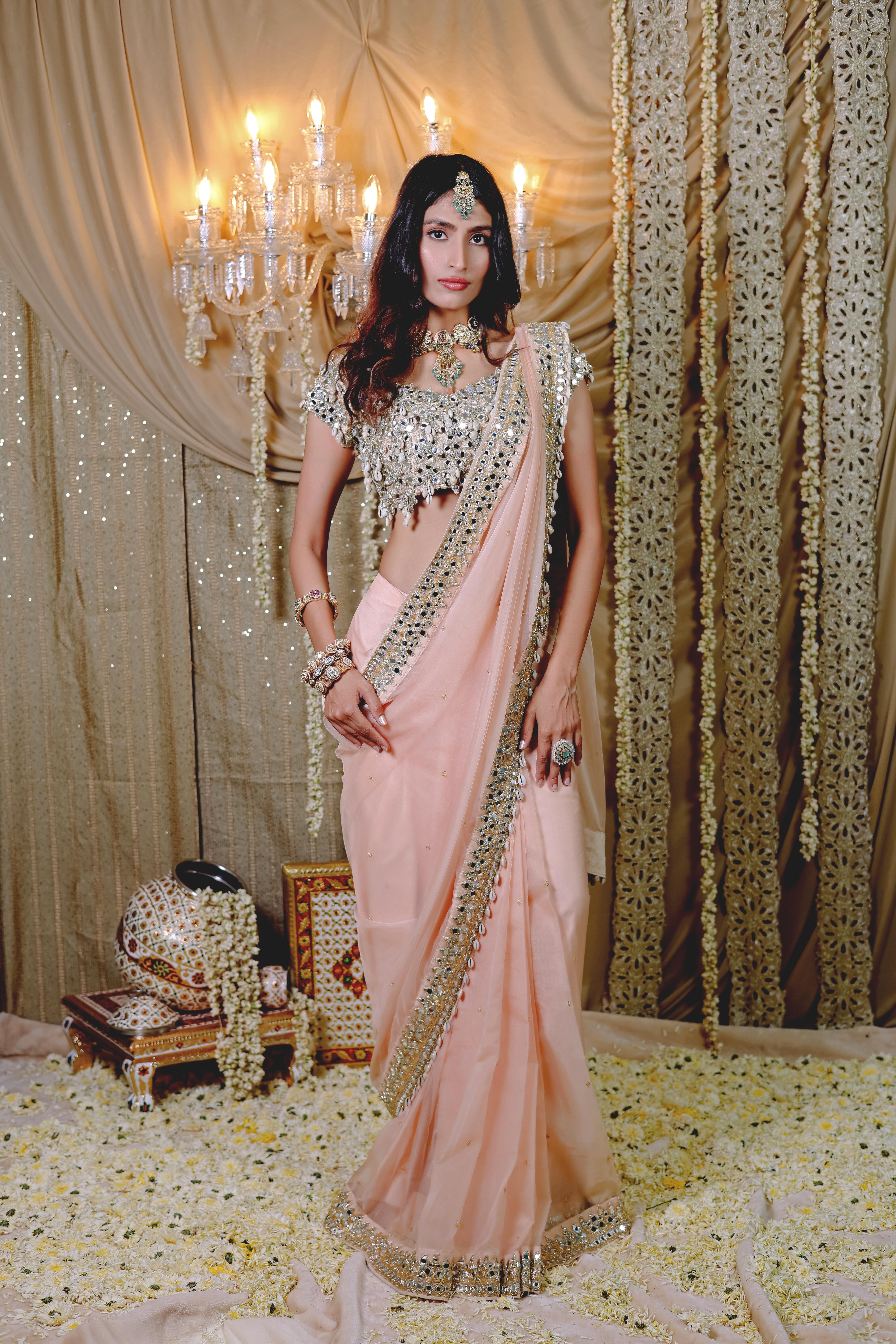 Peach Embroidered Pre-Draped   Saree Set (S)