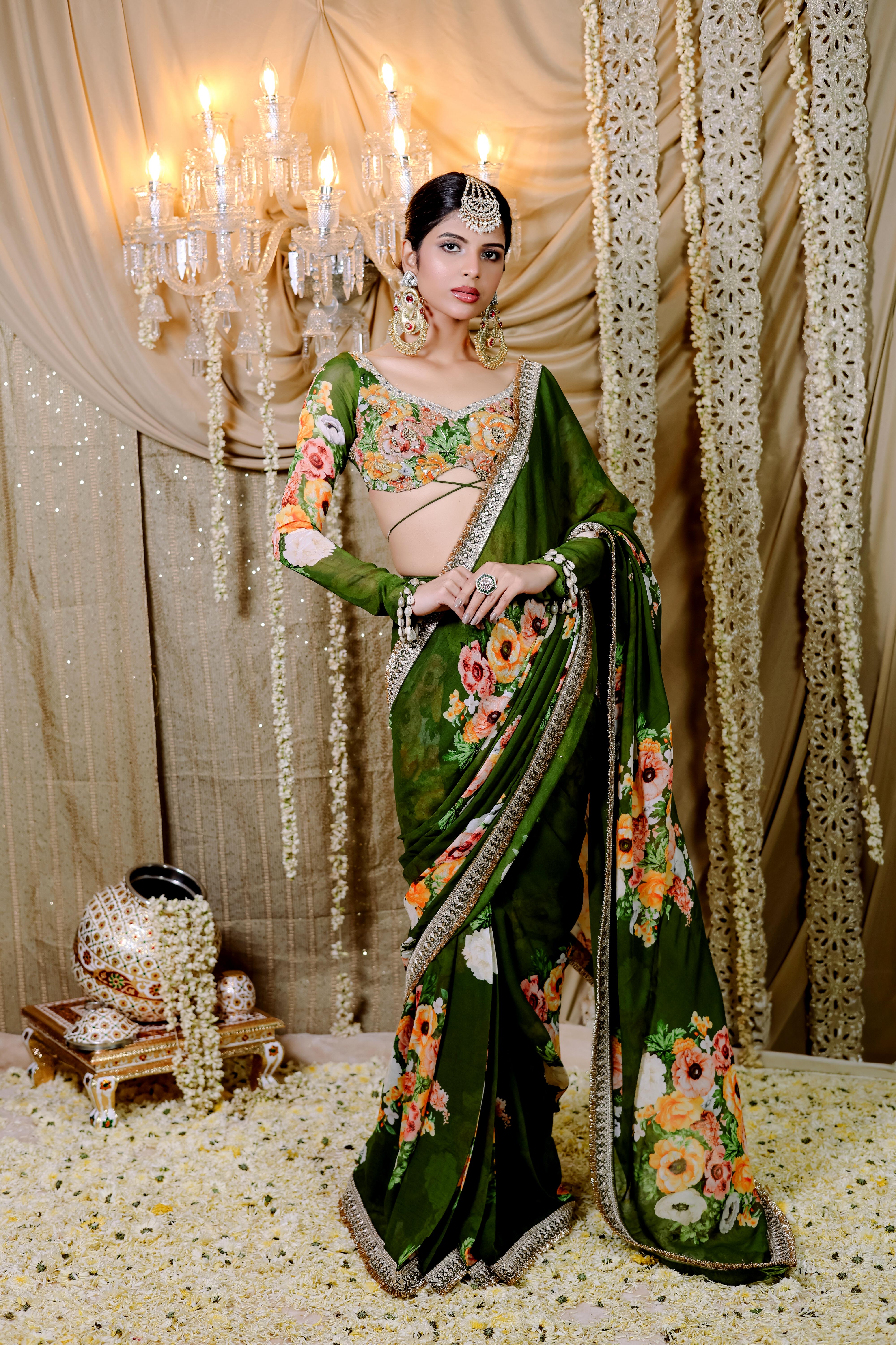 Green Floral  Printed Pre-Draped  Saree Set