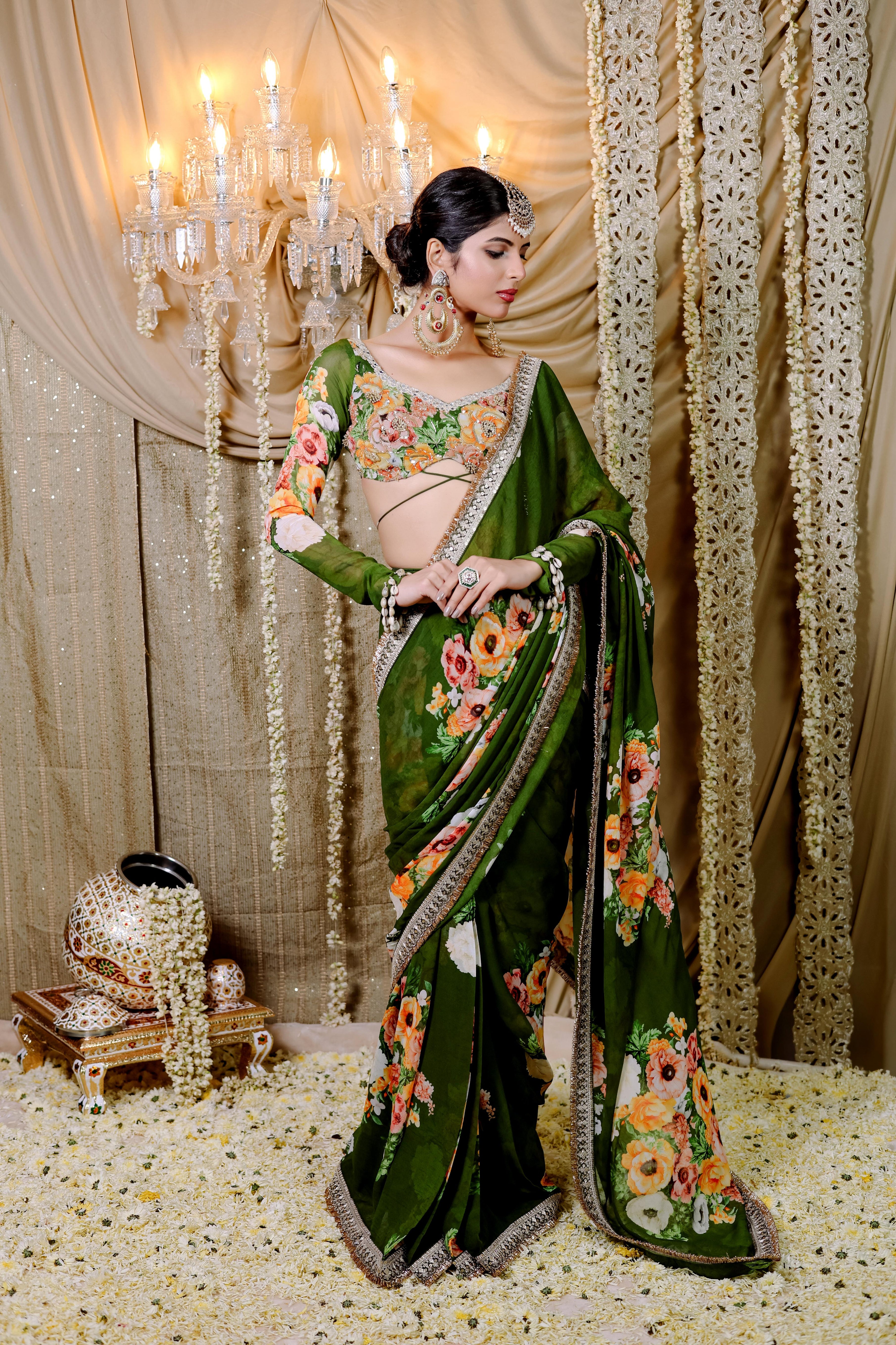 Green Floral  Printed Pre-Draped  Saree Set