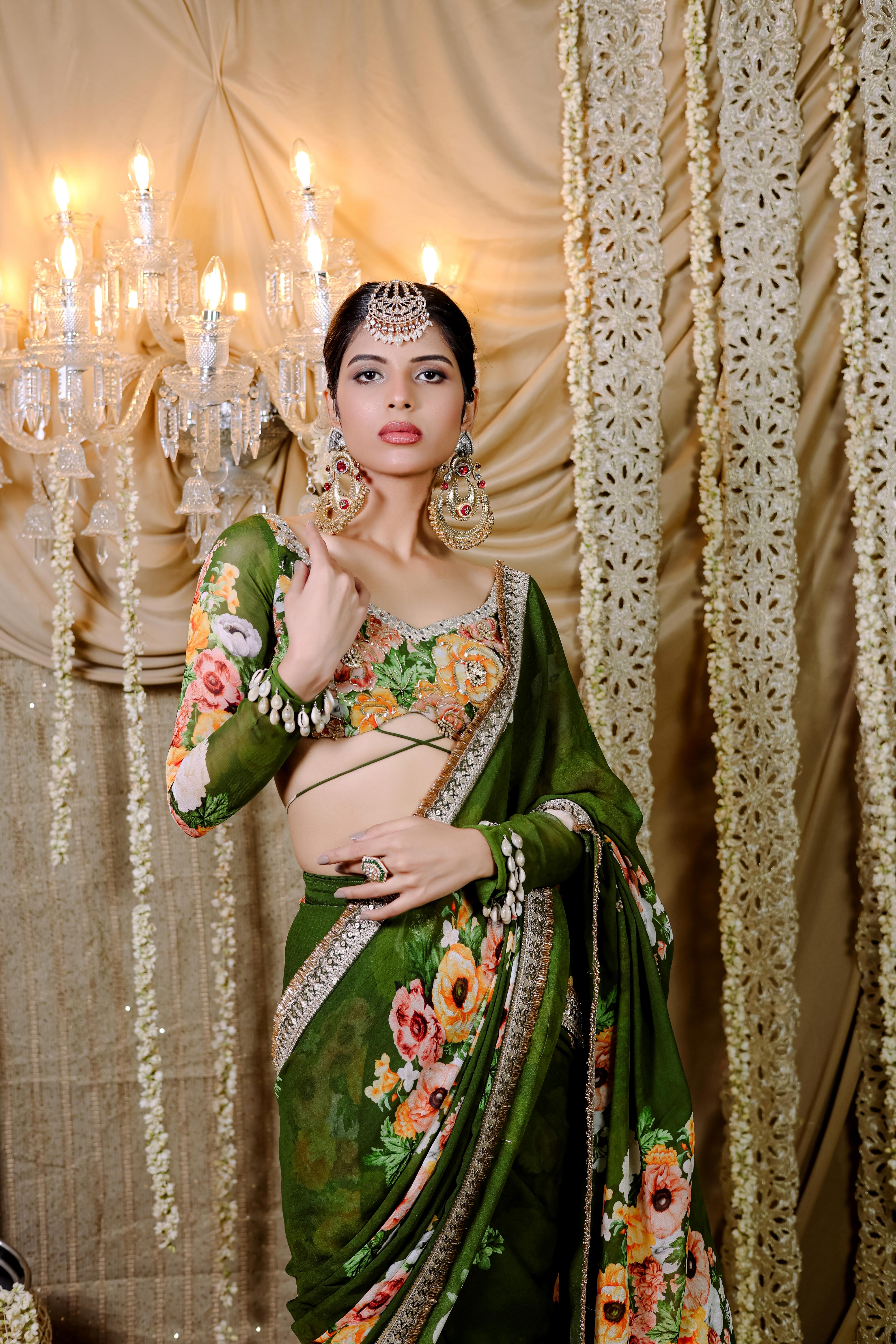 Green Floral  Printed Pre-Draped  Saree Set