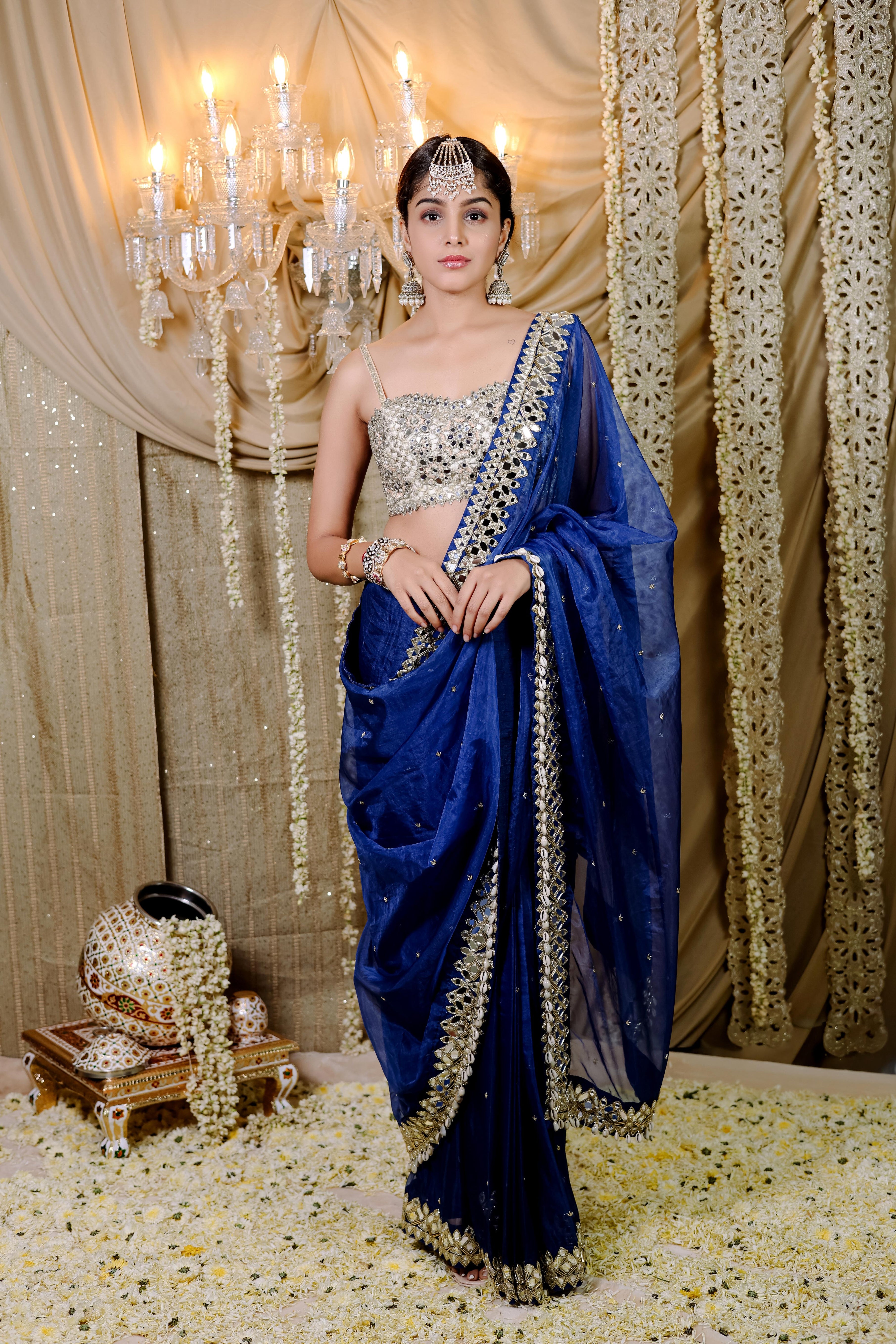 Dark Blue Embroidered Pre-Draped Saree Set