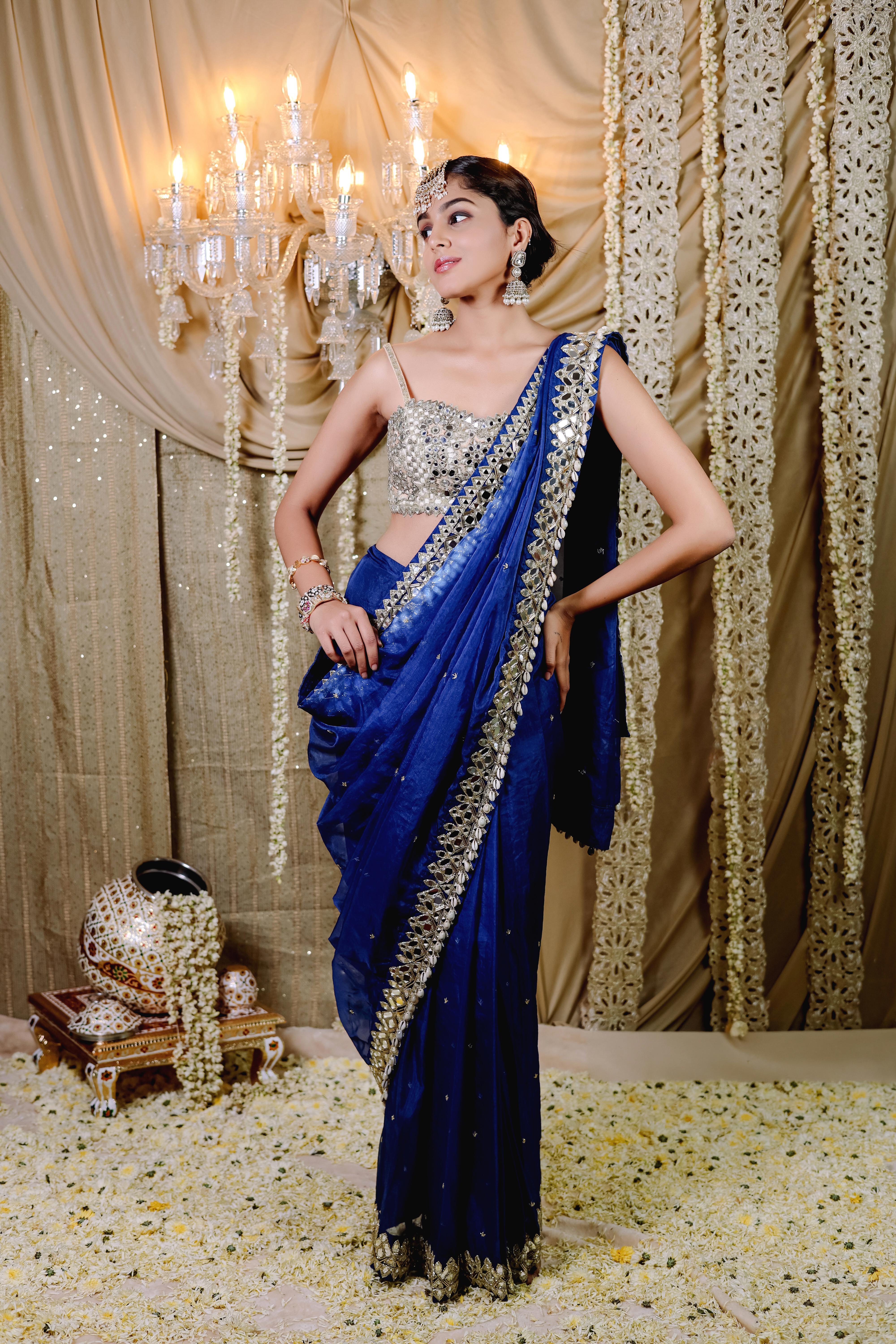 Dark Blue Embroidered Pre-Draped Saree Set