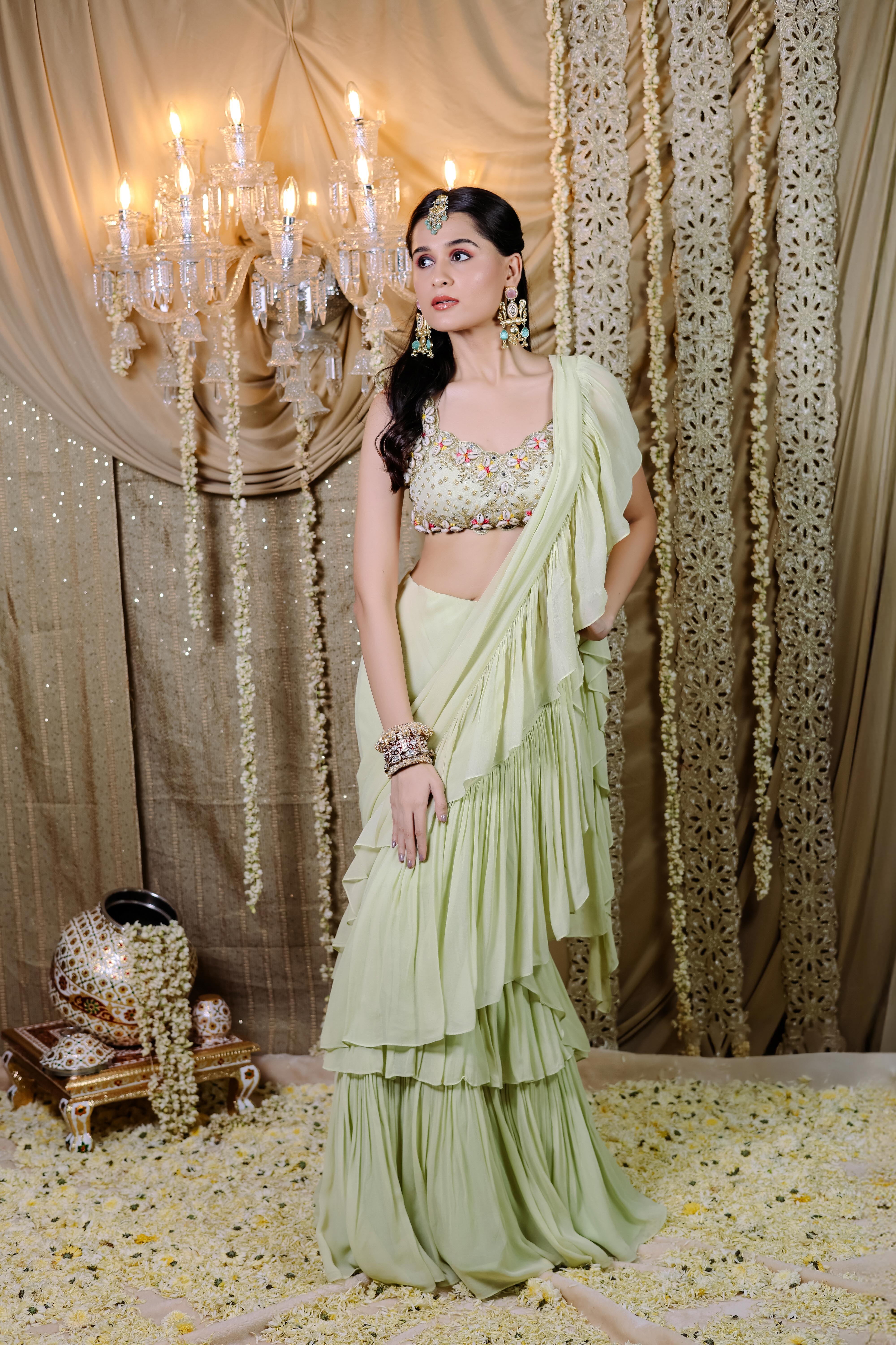Mint Green  Pre-Draped Ruffle Saree Set (S)