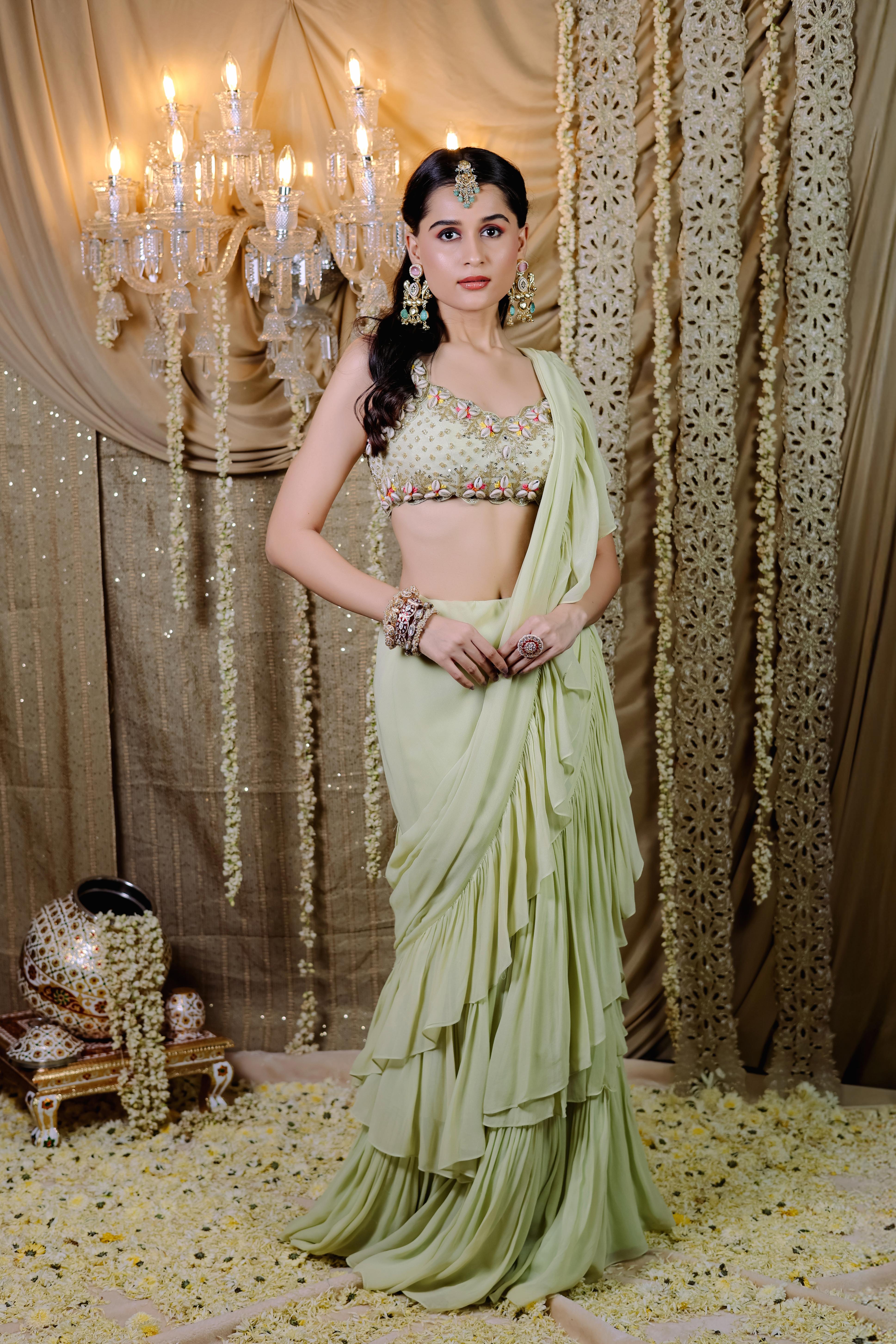 Mint Green  Pre-Draped Ruffle Saree Set (S)