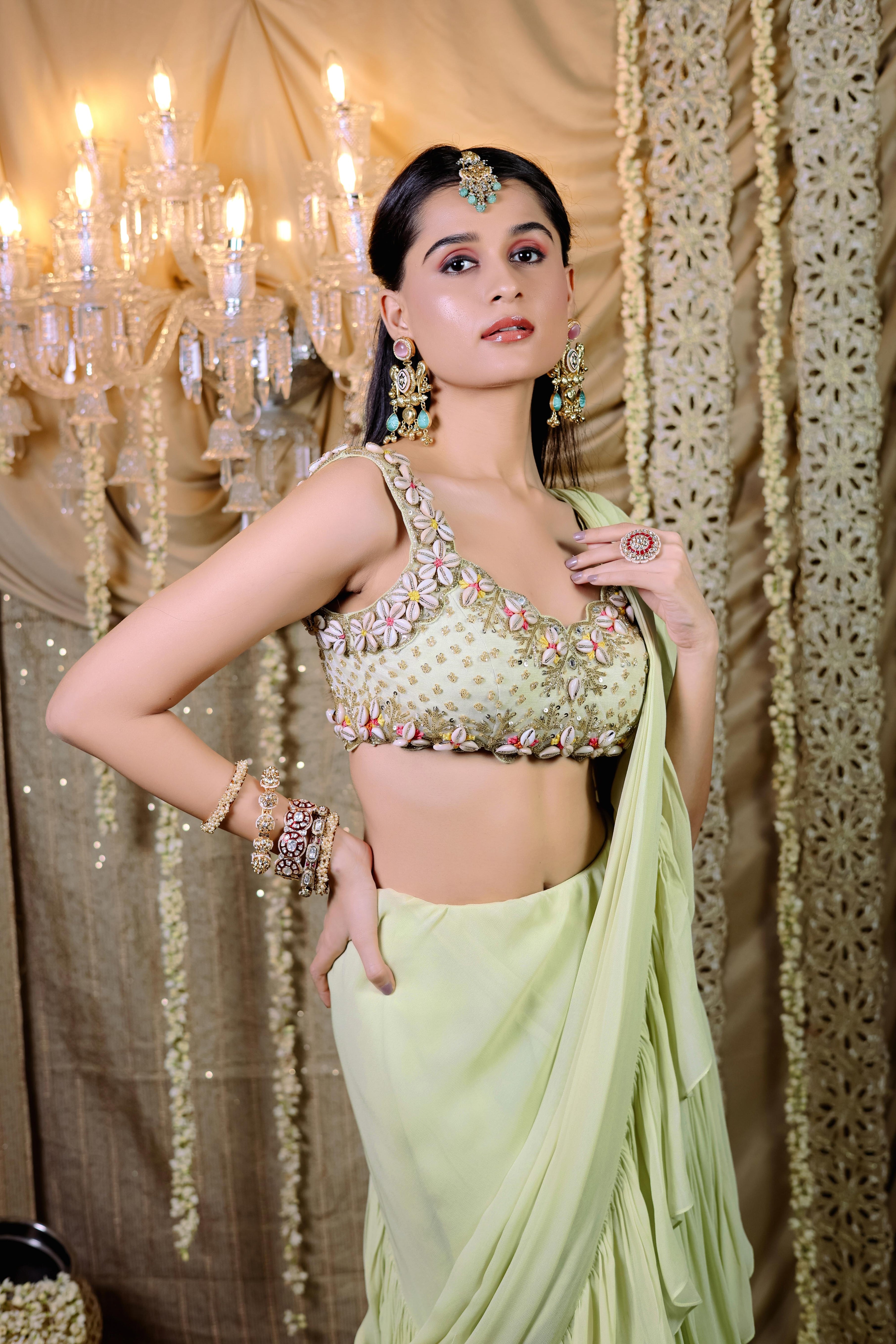 Mint Green  Pre-Draped Ruffle Saree Set (S)