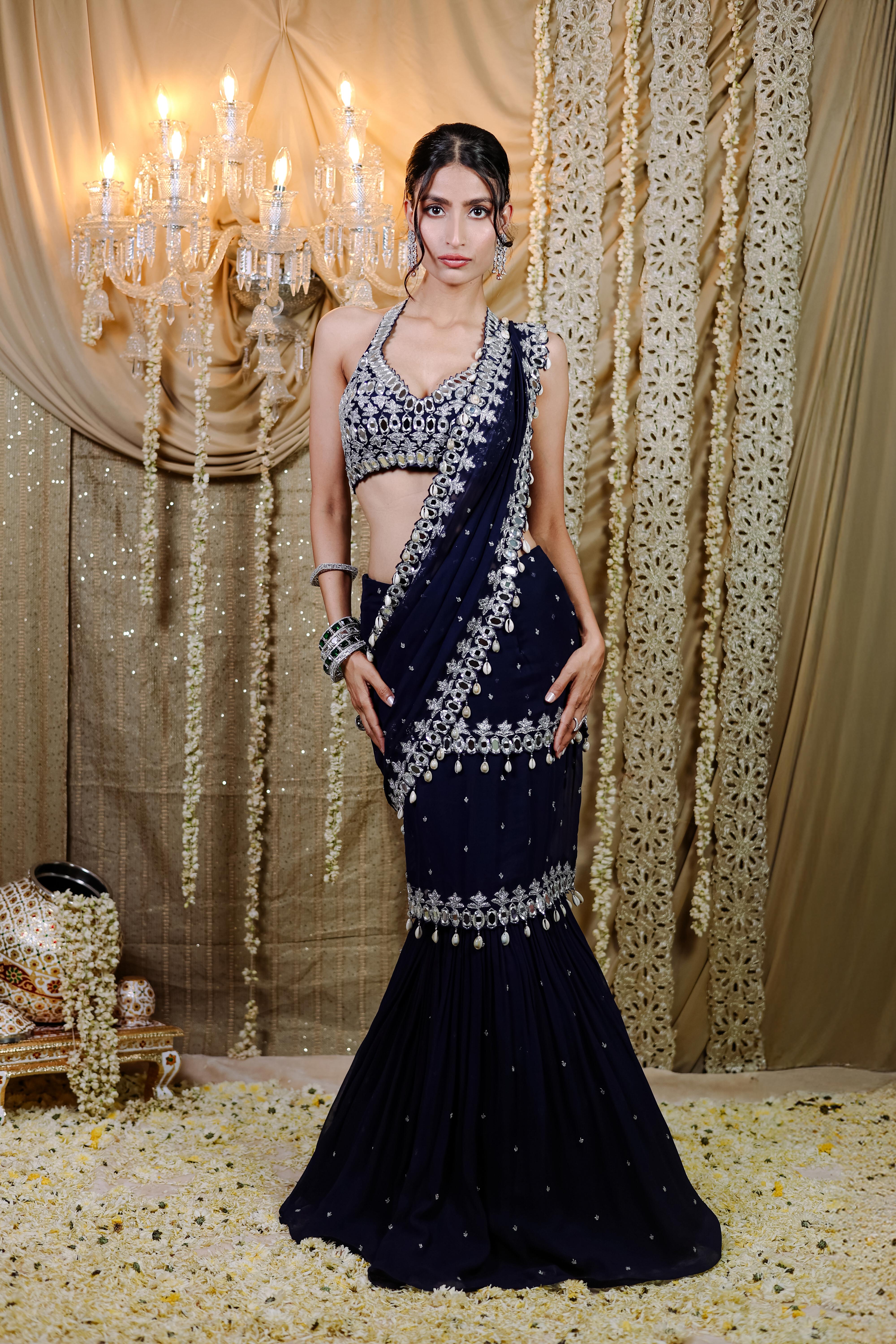 Navy Blue Embroidered Mumtaz Saree Set