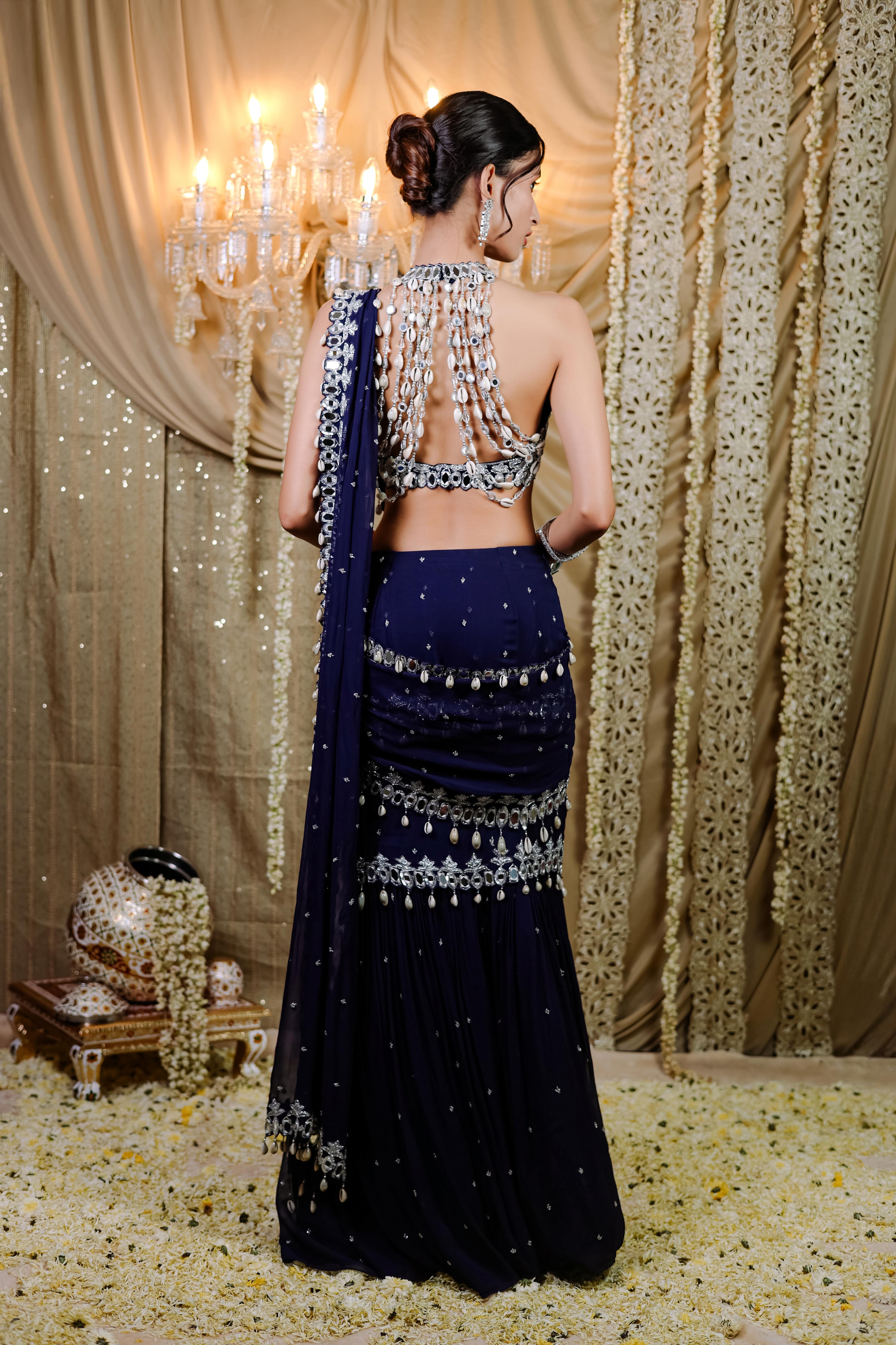Navy Blue Embroidered Mumtaz Saree Set