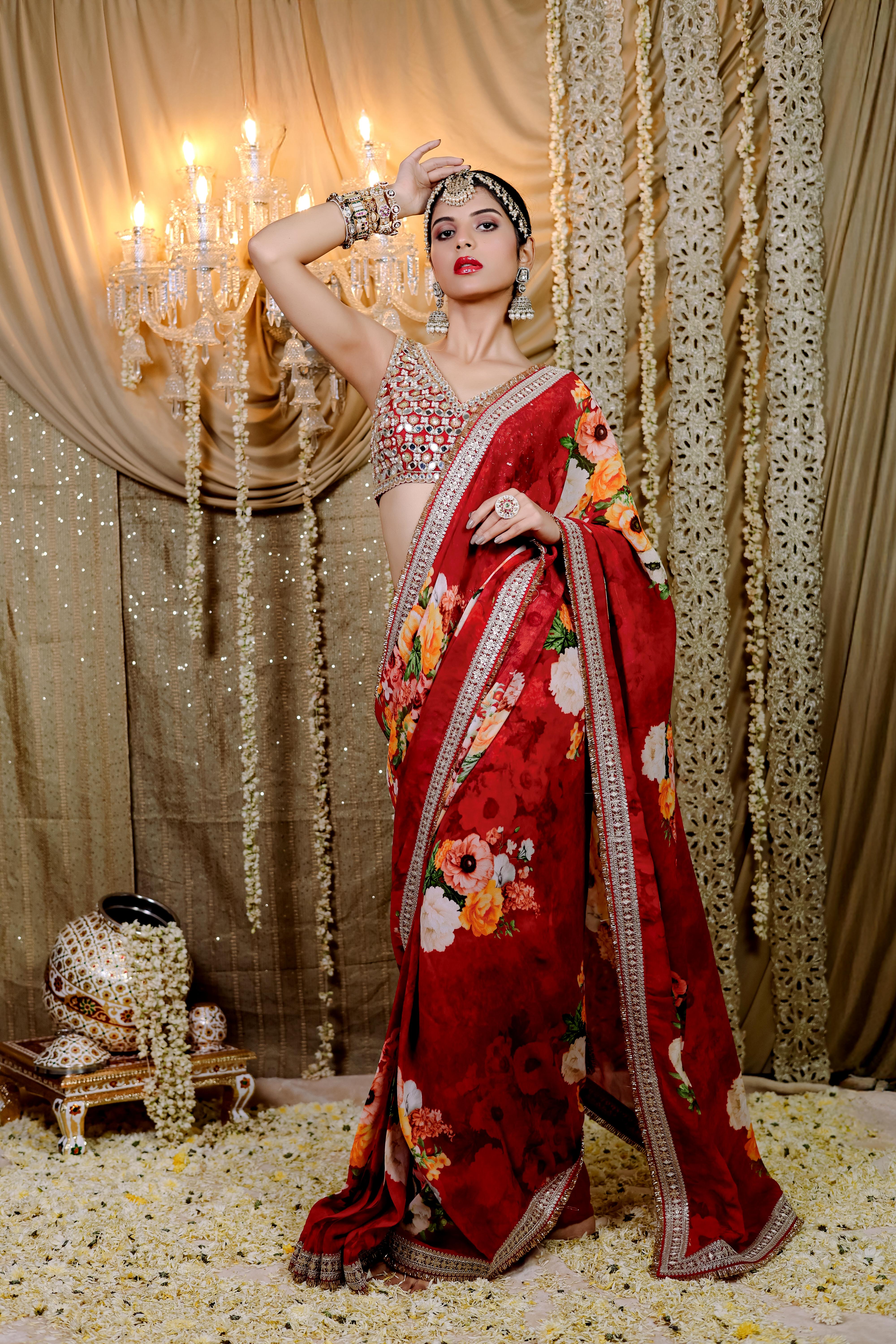 Red Floral  Printed Pre-Draped  Saree Set