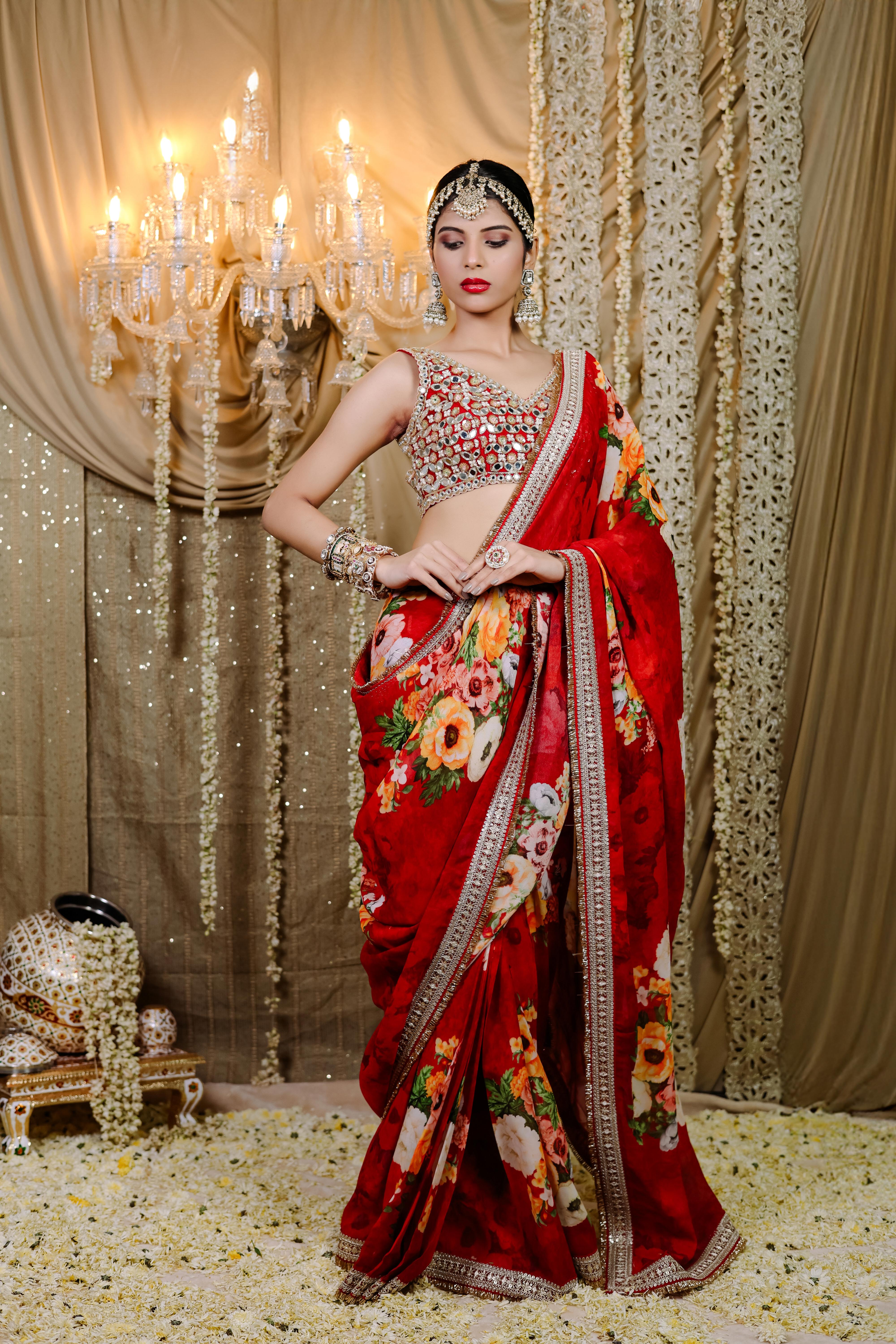 Red Floral  Printed Pre-Draped  Saree Set