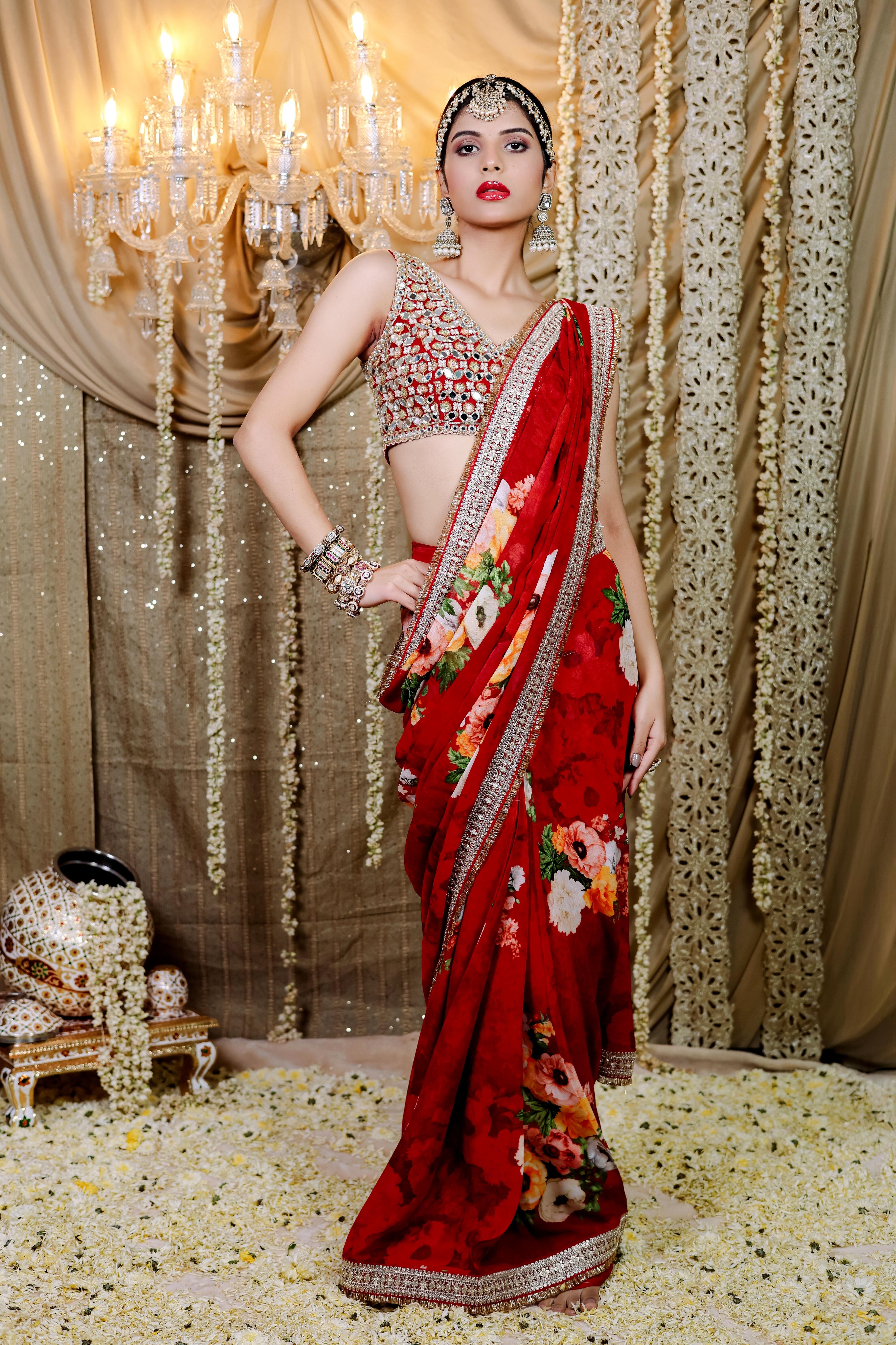Red Floral  Printed Pre-Draped  Saree Set