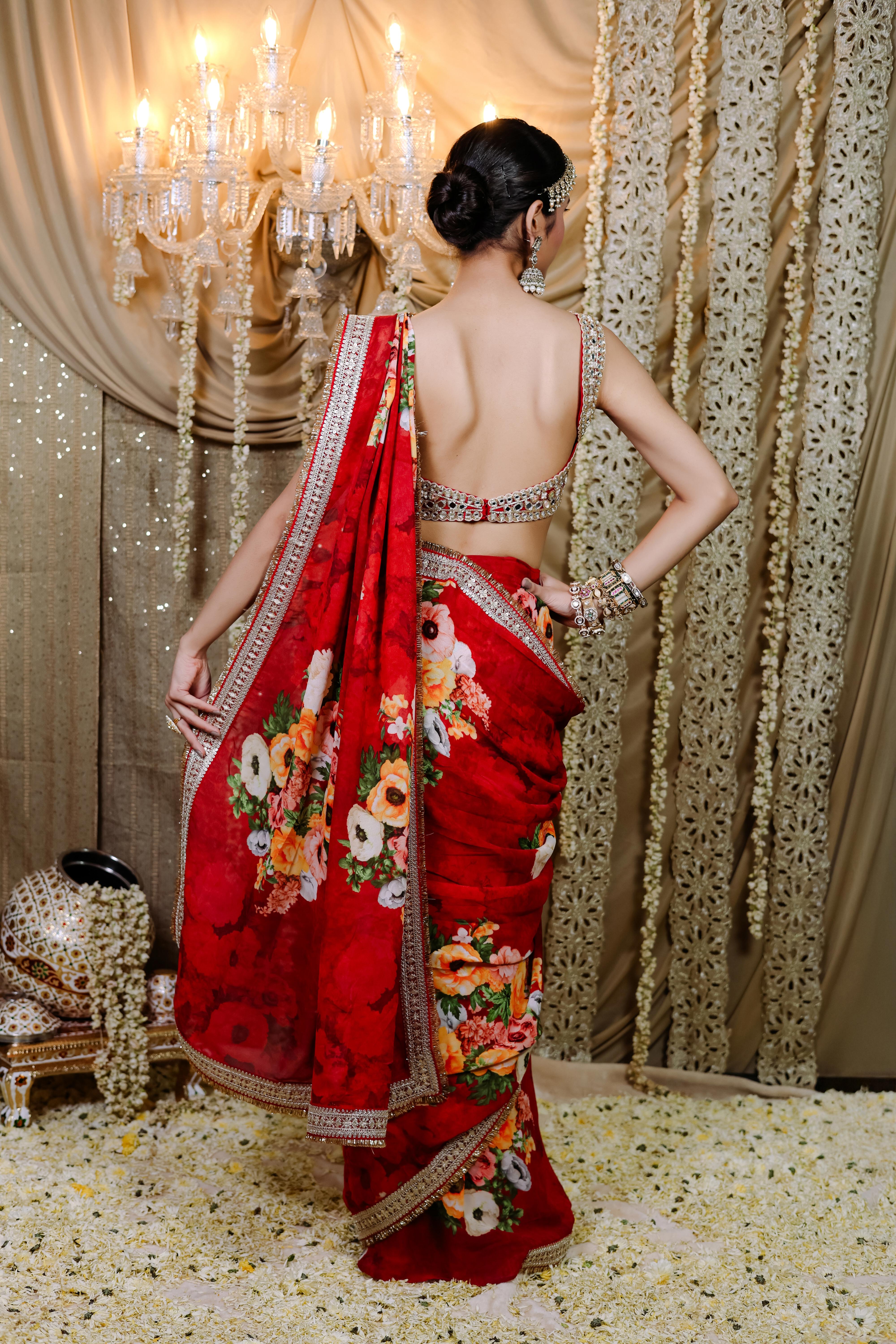 Red Floral  Printed Pre-Draped  Saree Set