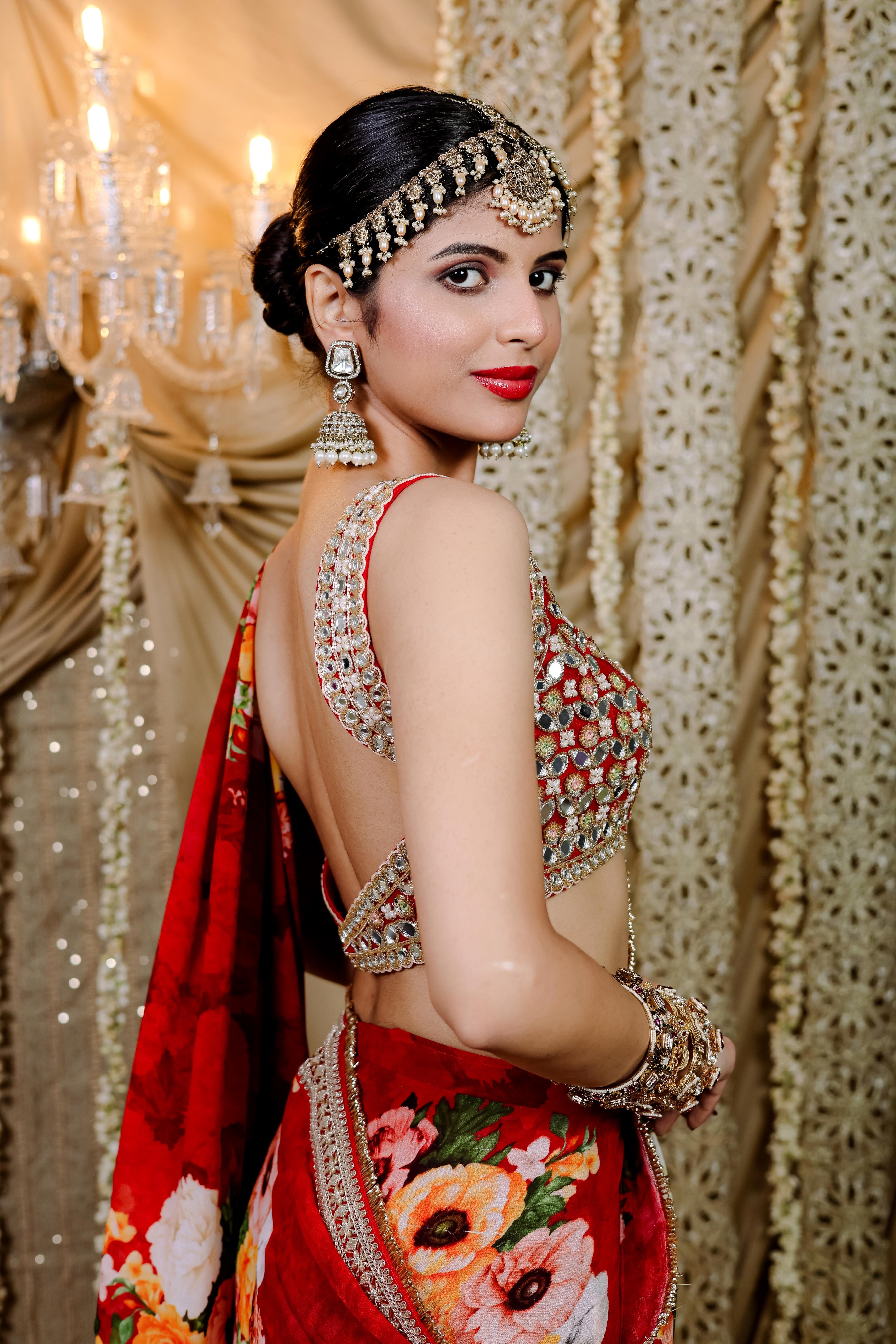 Red Floral  Printed Pre-Draped  Saree Set