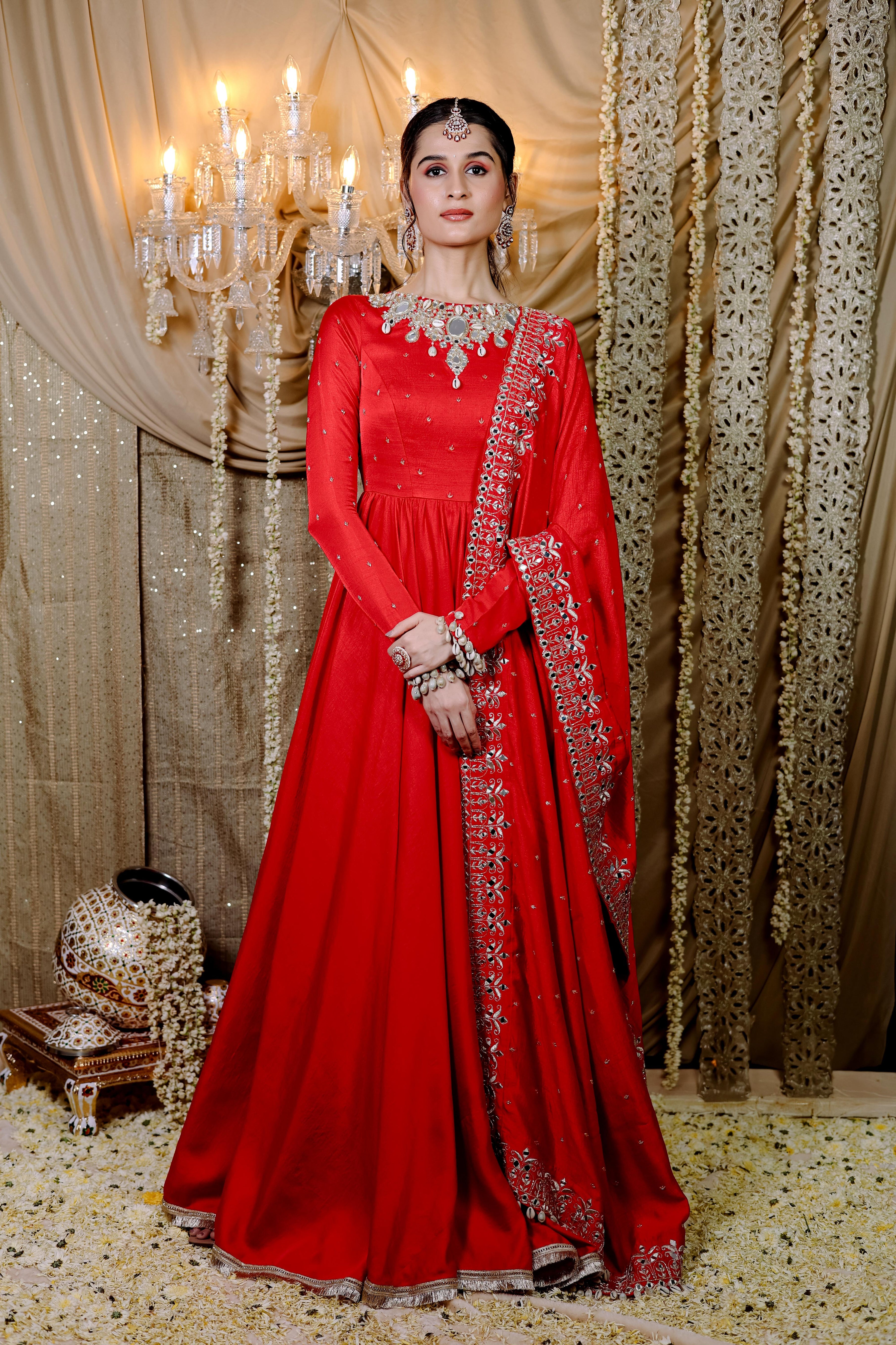 Red Embroidered Anarkali Dupatta Set (S)
