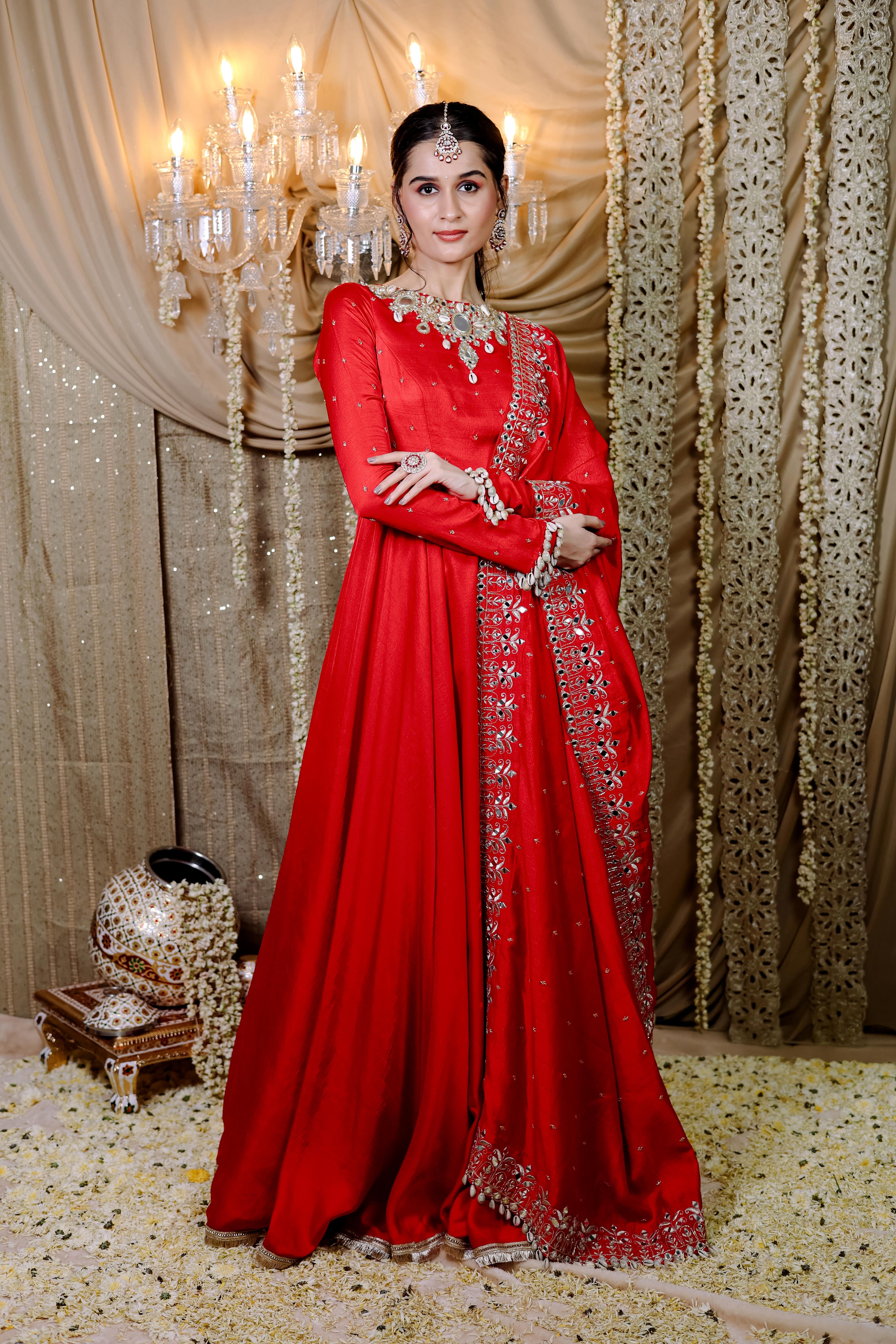 Red Embroidered Anarkali Dupatta Set (S)