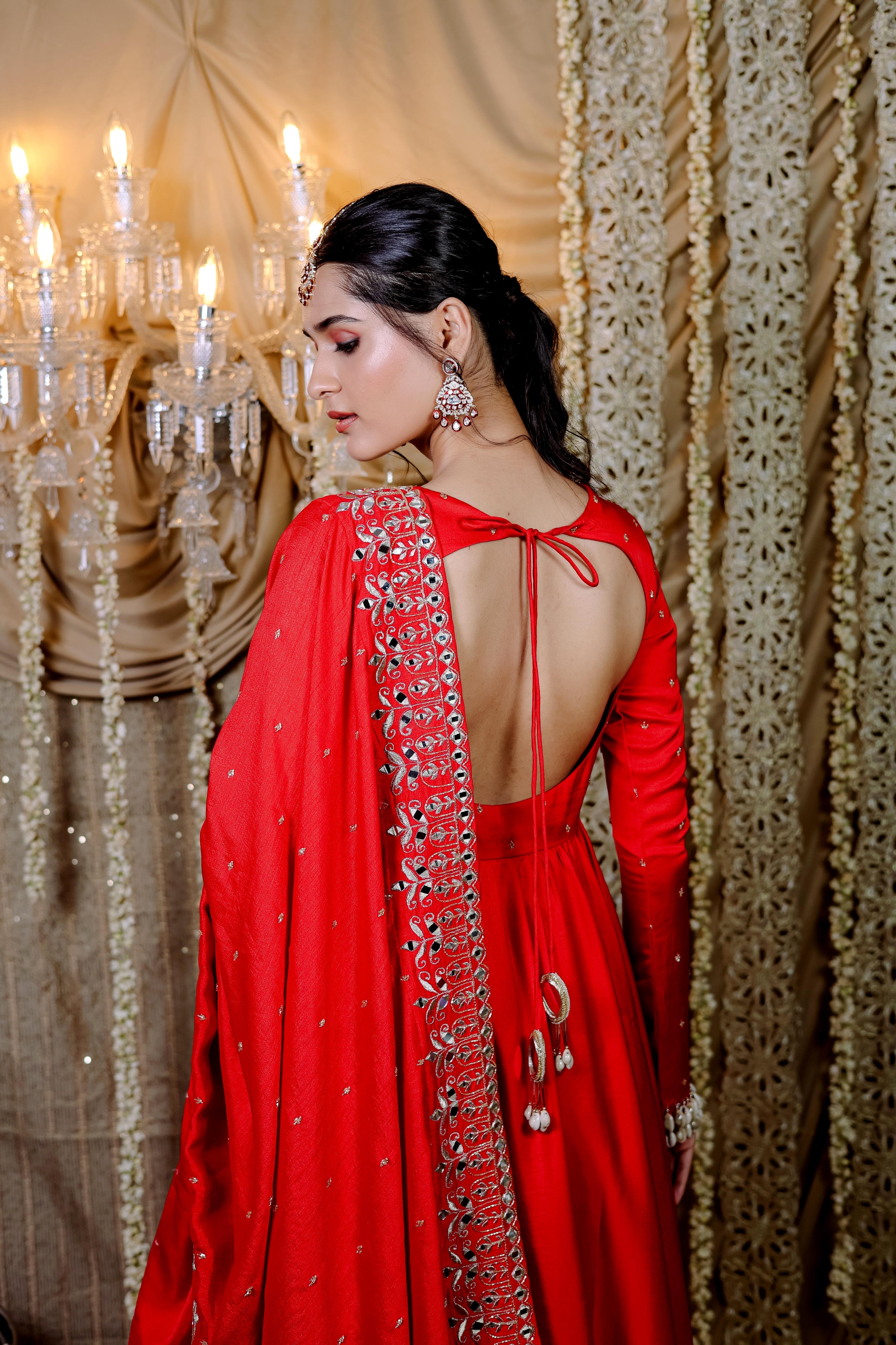 Red Embroidered Anarkali Dupatta Set (S)