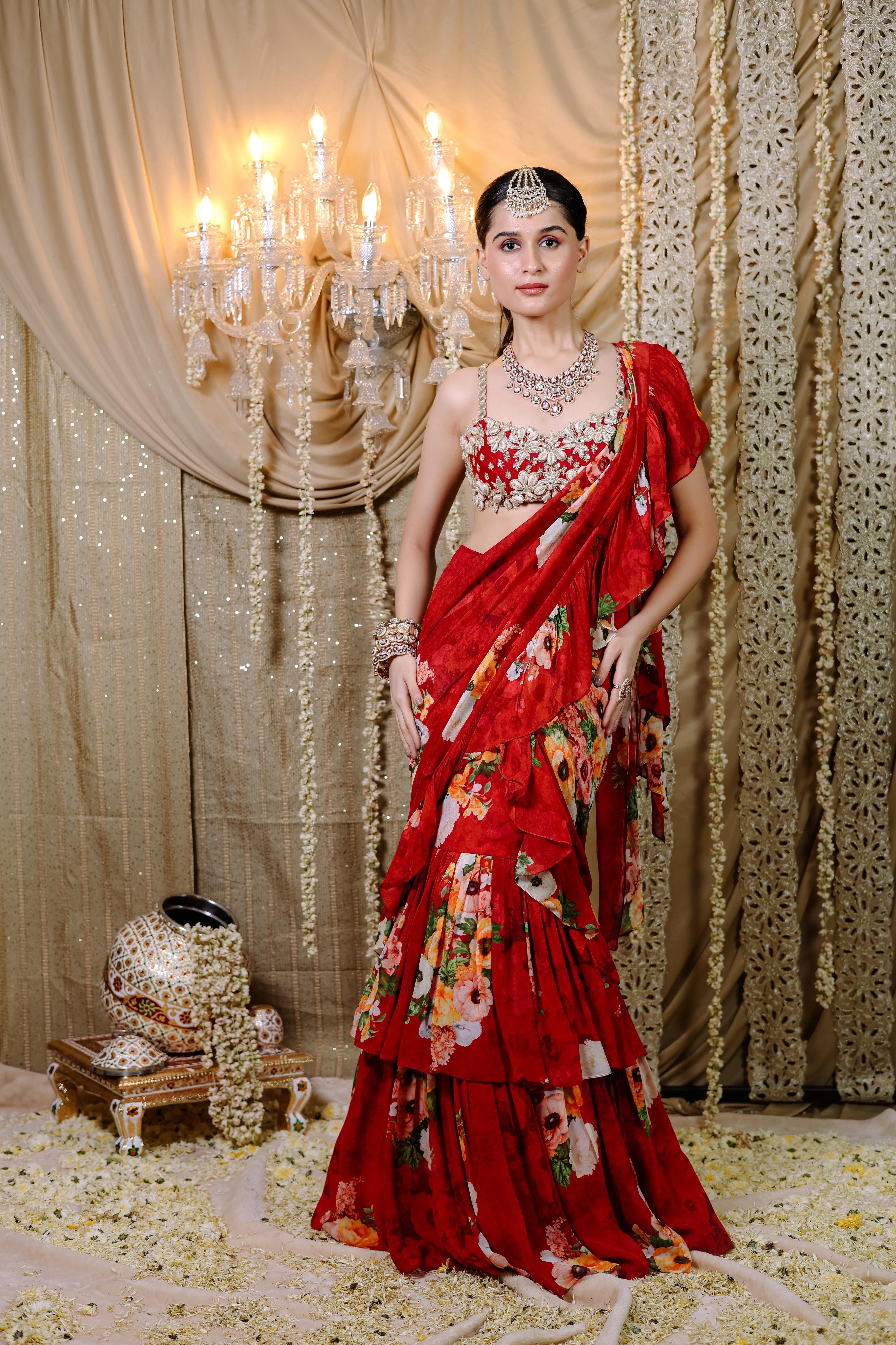 Red Floral Printed Ruffle Pre-Draped Saree Set