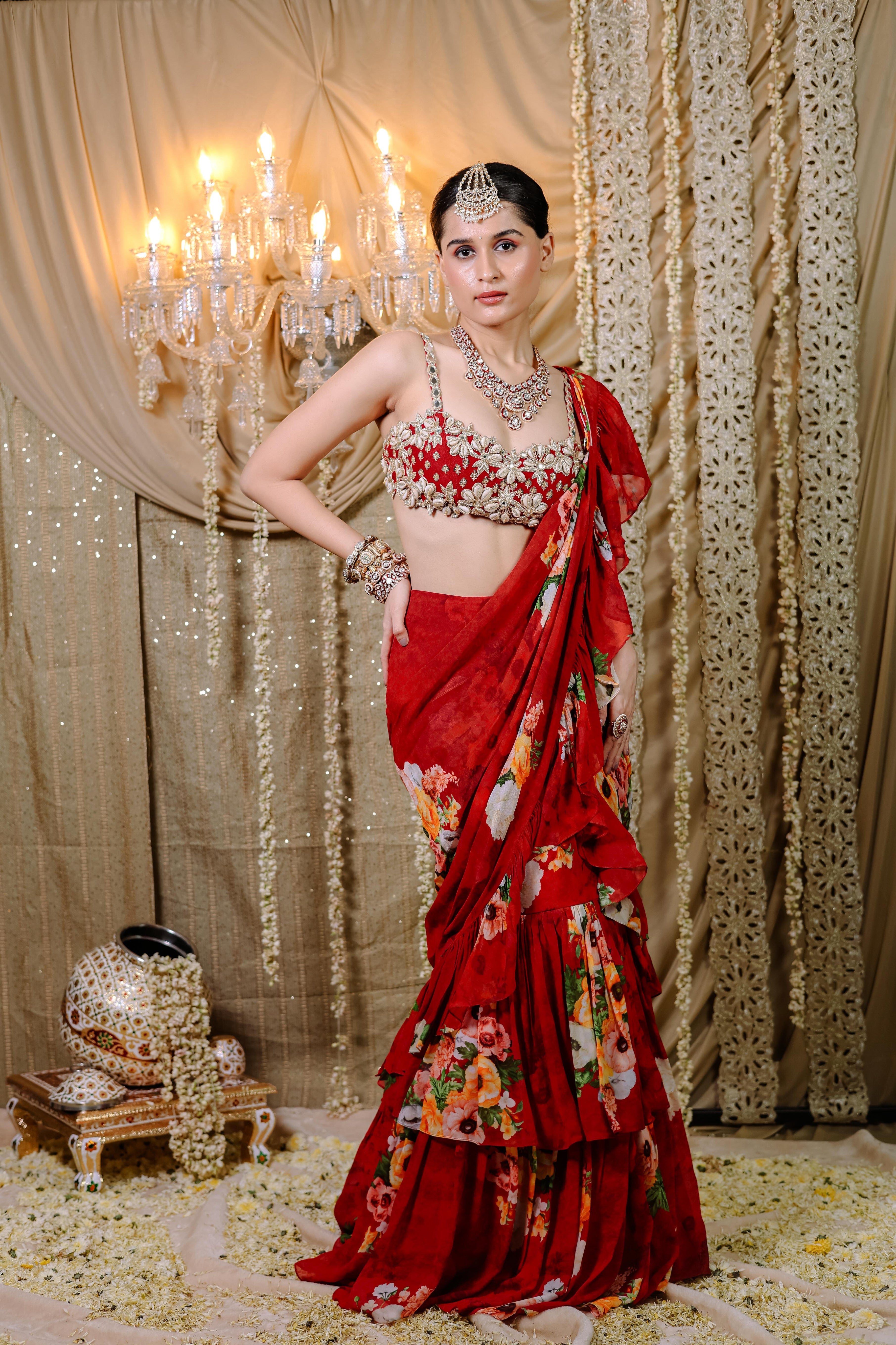 Red Floral Printed Ruffle Pre-Draped Saree Set