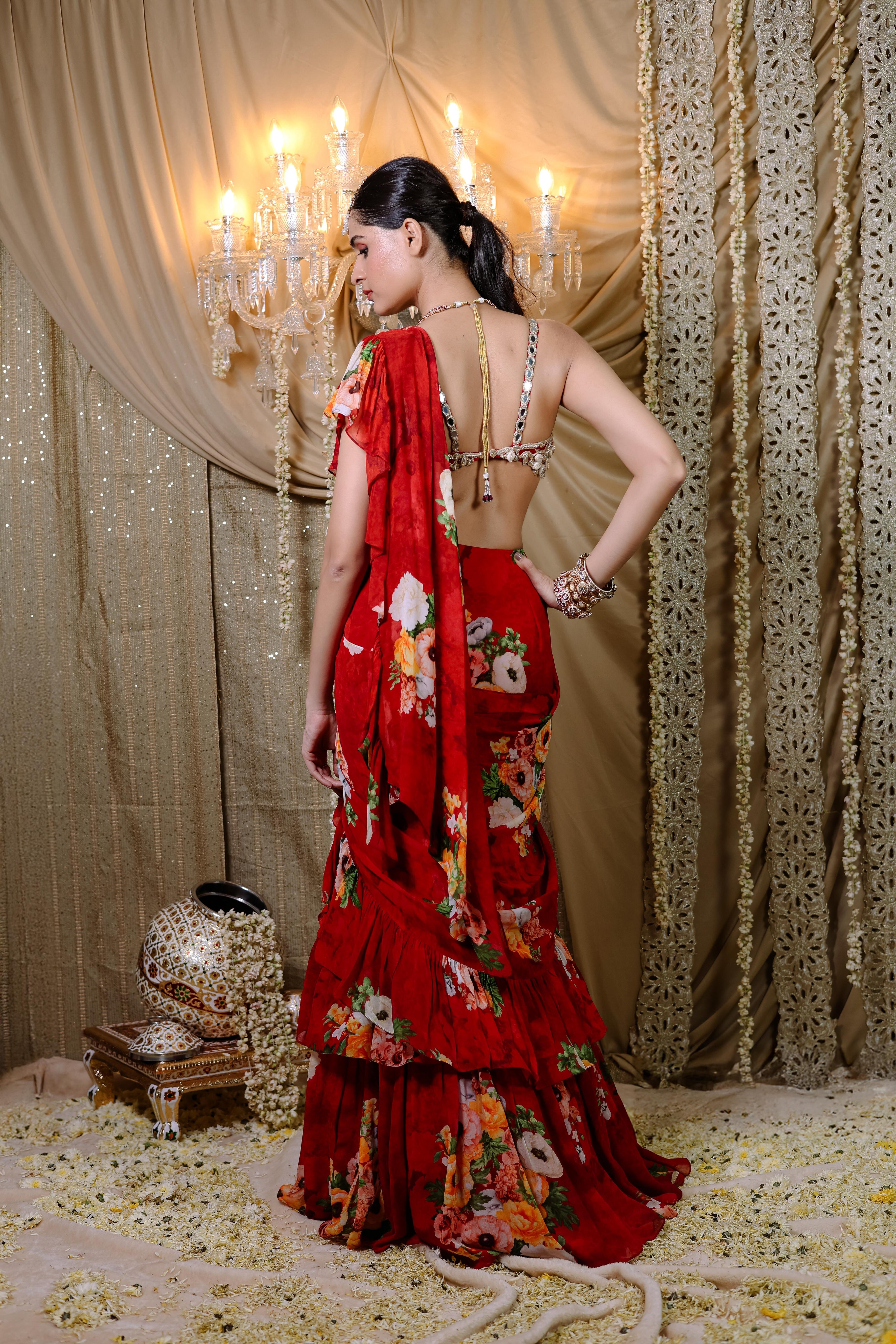 Red Floral Printed Ruffle Pre-Draped Saree Set