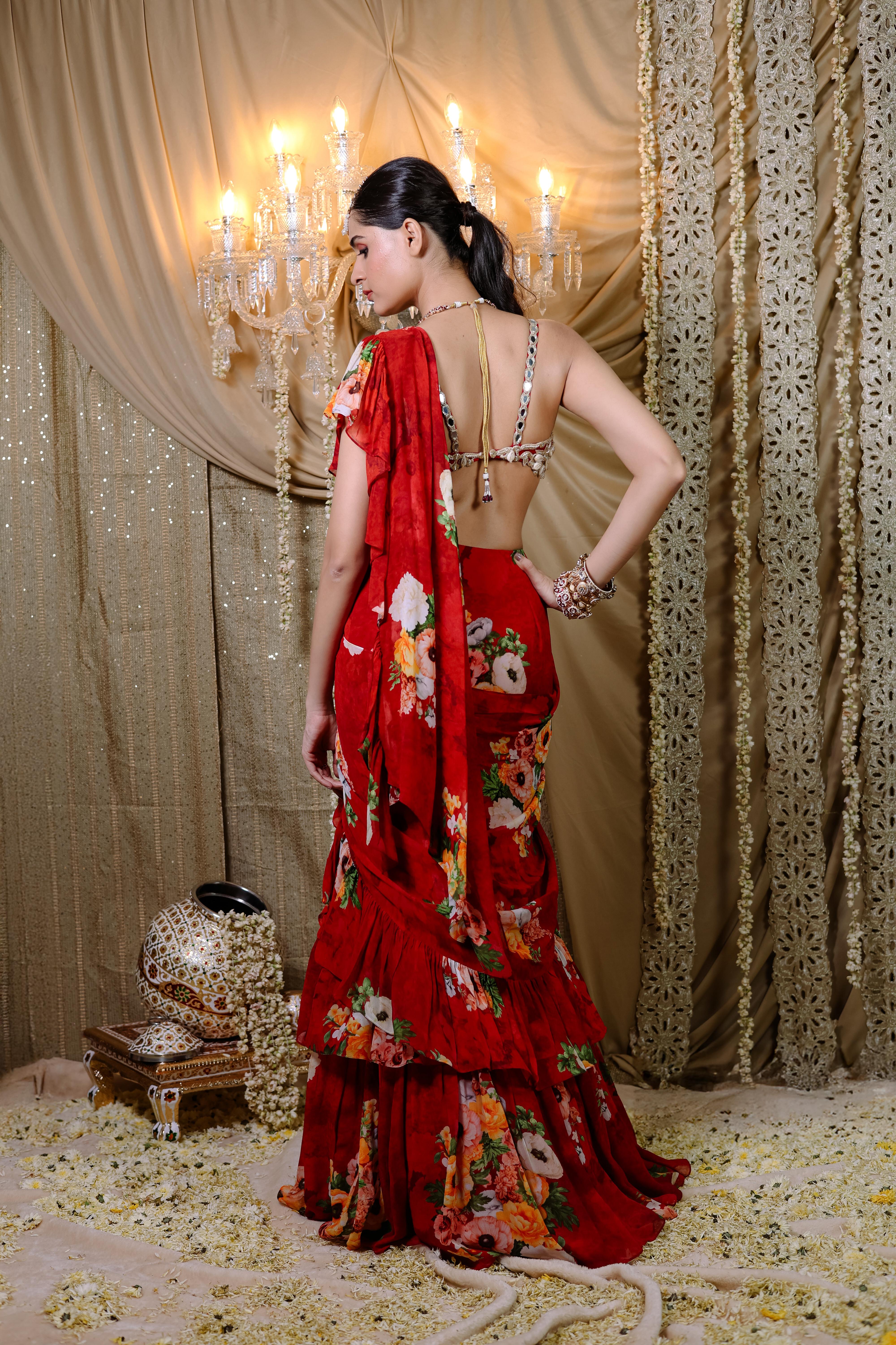 Red Floral Printed Ruffle Pre-Draped Saree Set