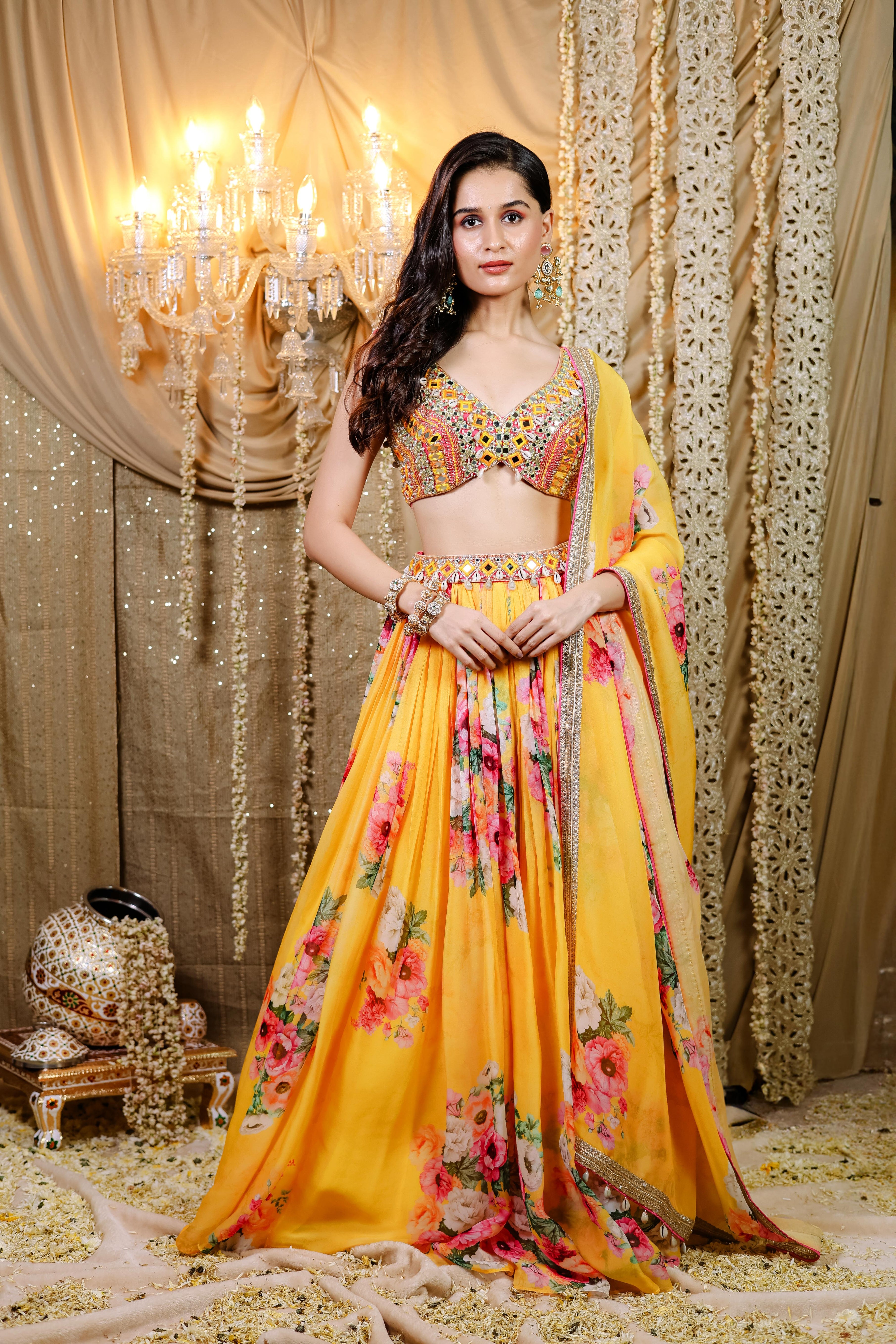 Yellow Floral Printed Lehenga Set