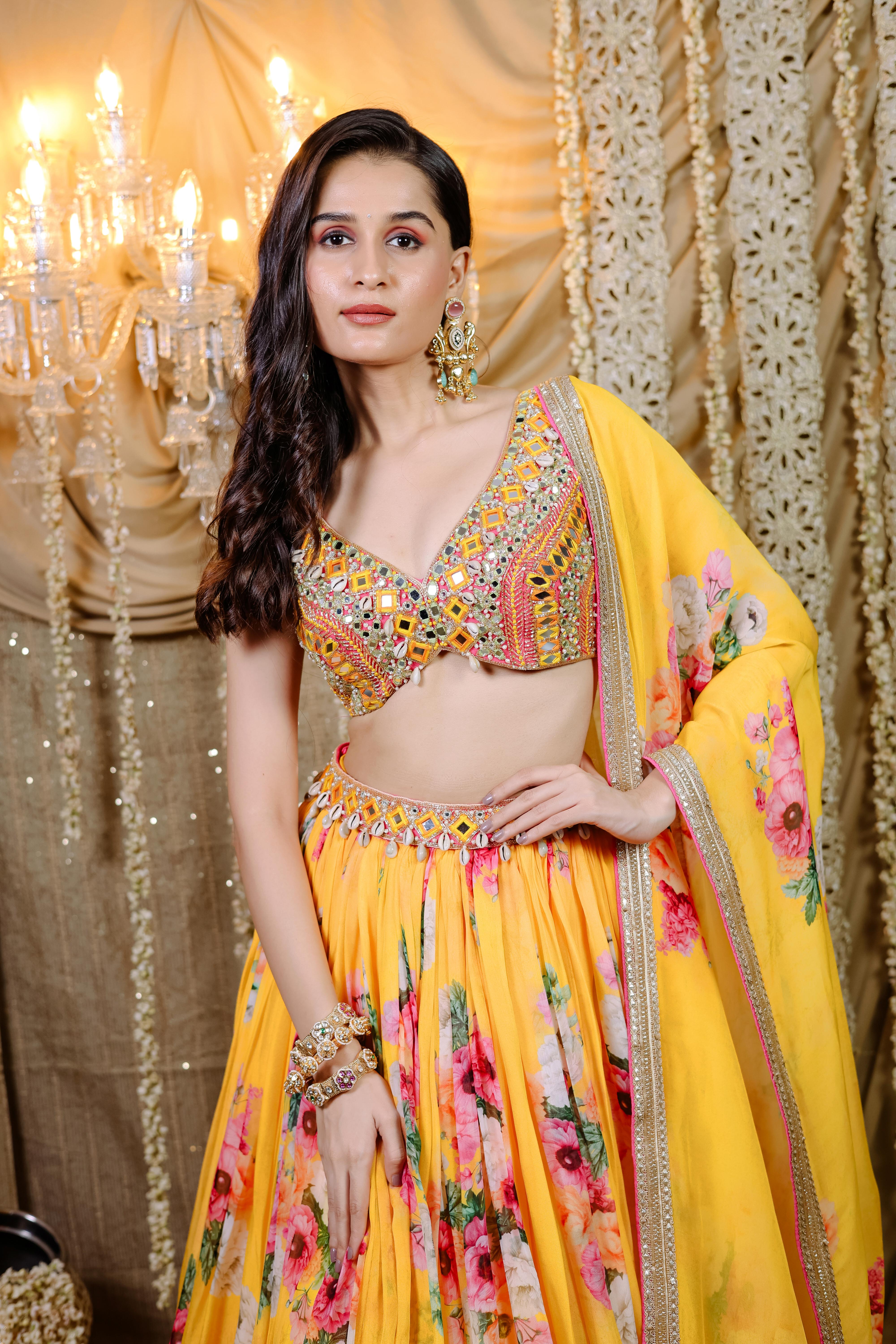 Yellow Floral Printed Lehenga Set