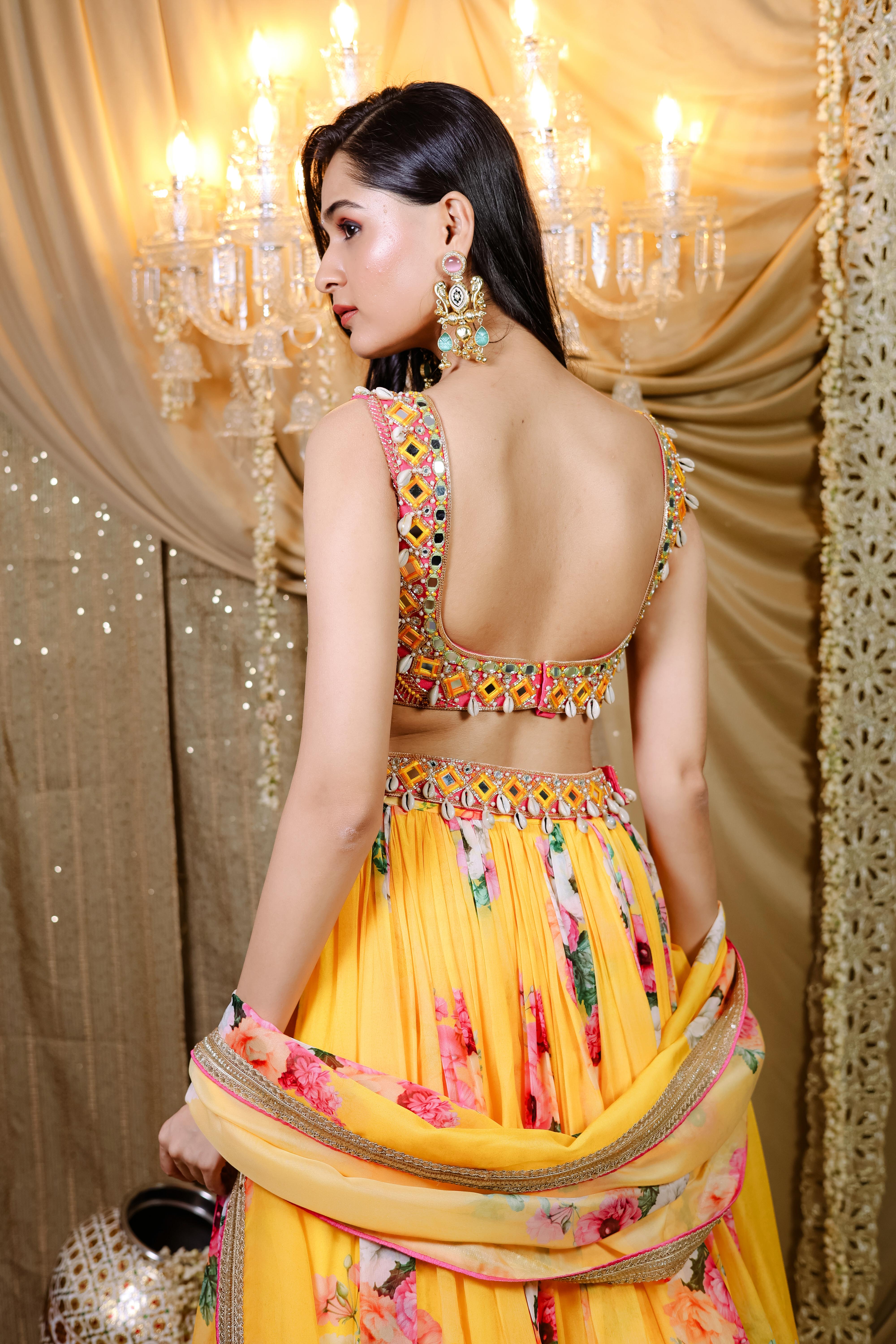 Yellow Floral Printed Lehenga Set