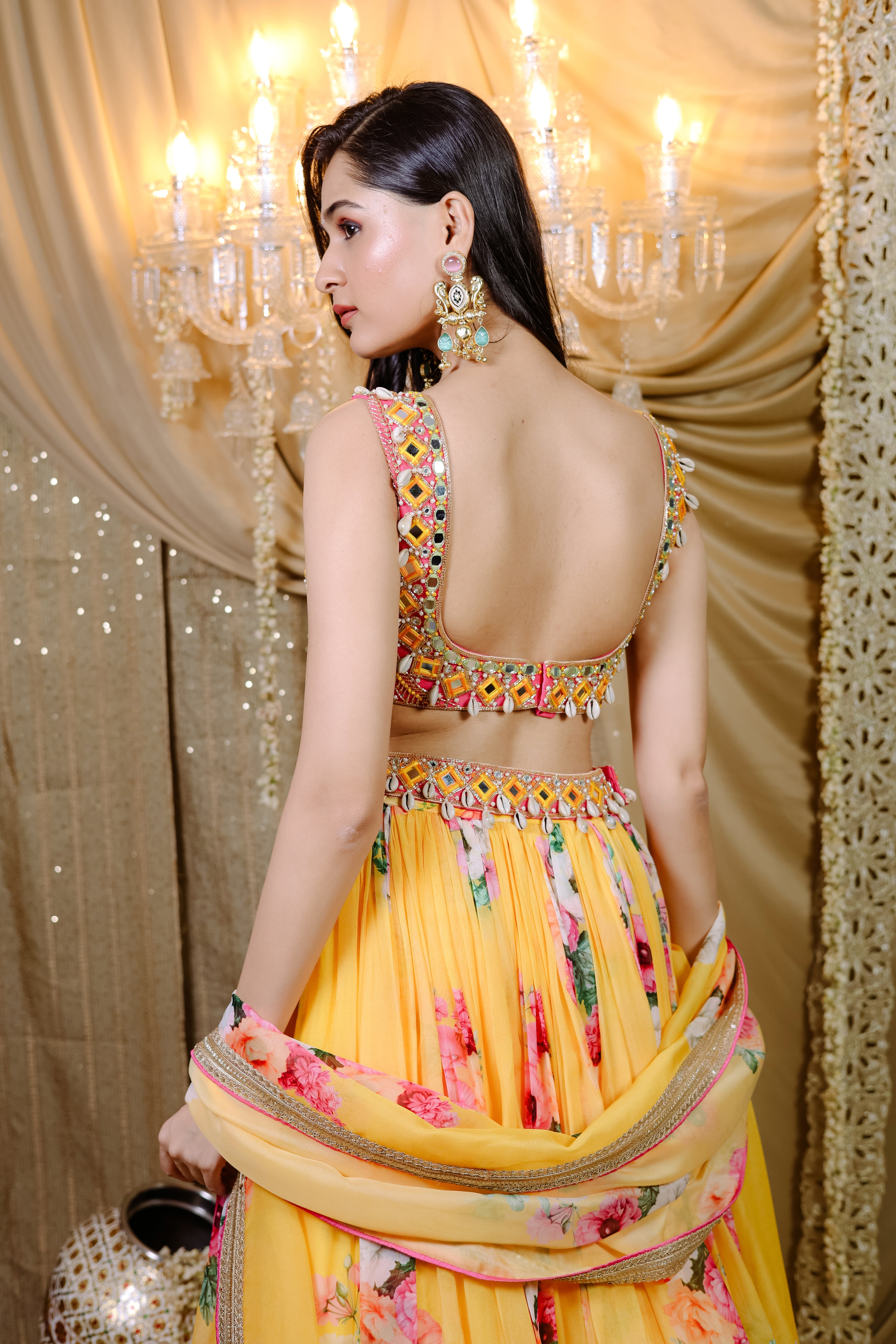 Yellow Floral  Printed  Lehenga Set