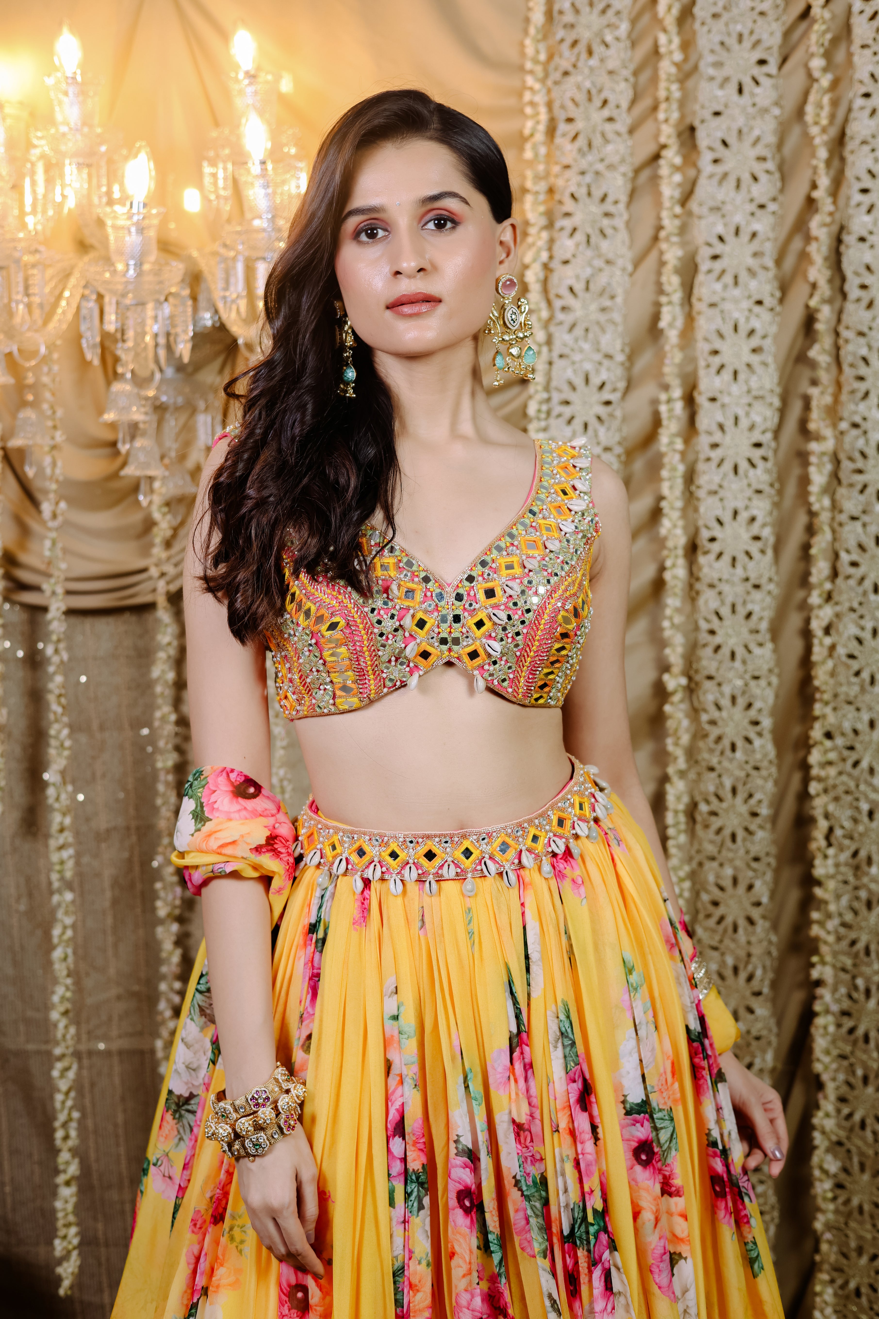 Yellow Floral  Printed  Lehenga Set