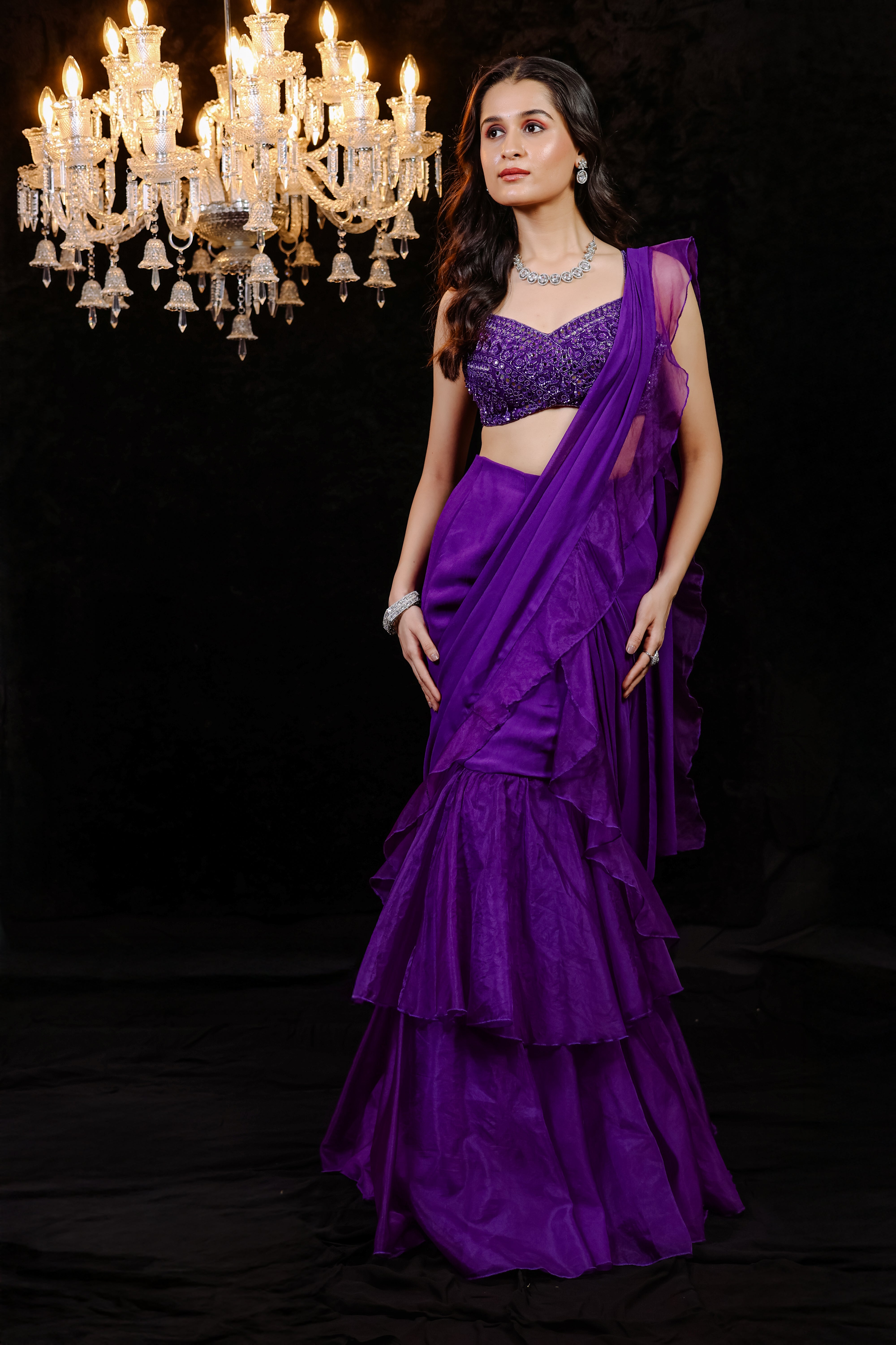 Purple Embroidered Ruffle Pre-Draped  Saree Set (S)