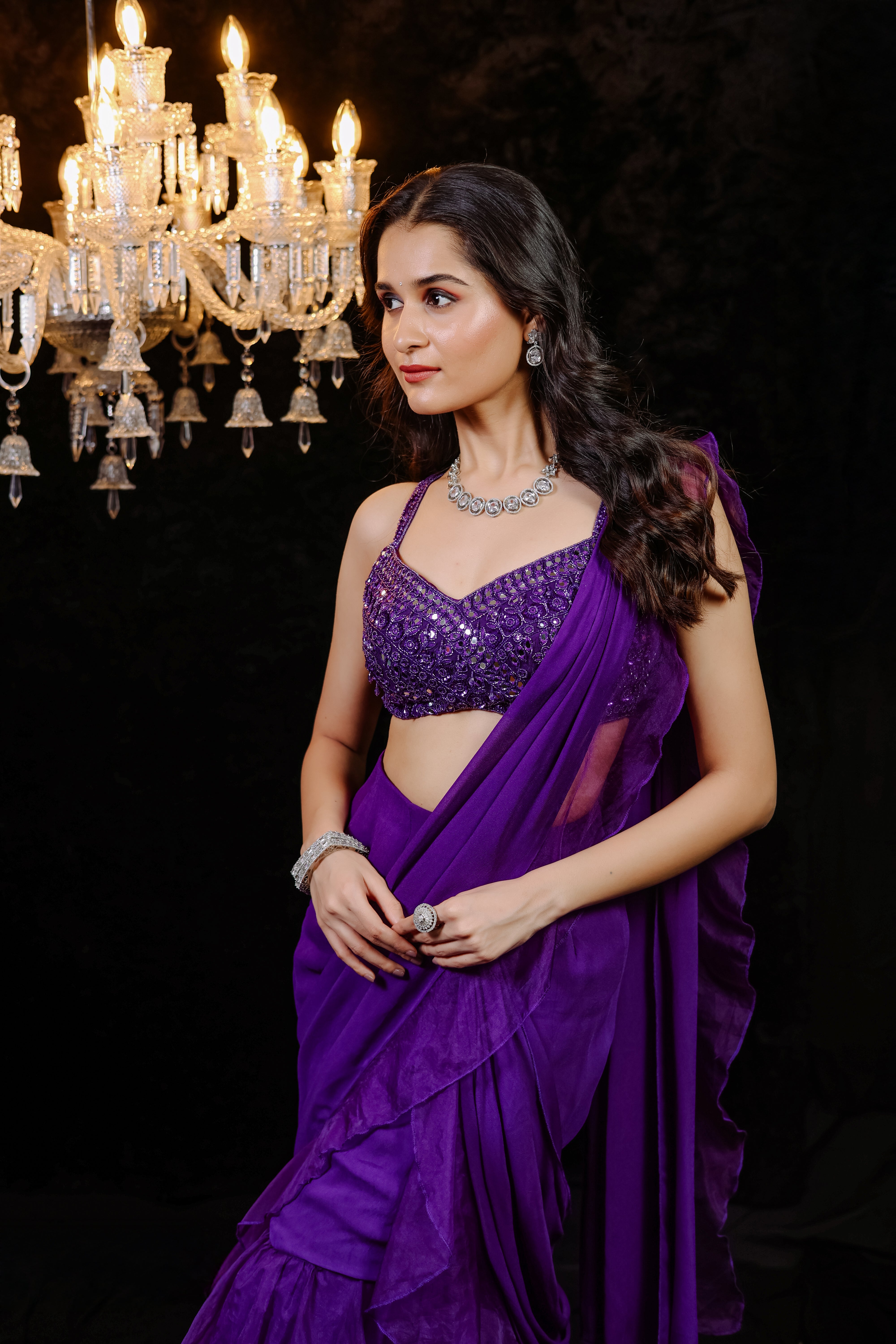 Purple Embroidered Ruffle Pre-Draped  Saree Set (S)