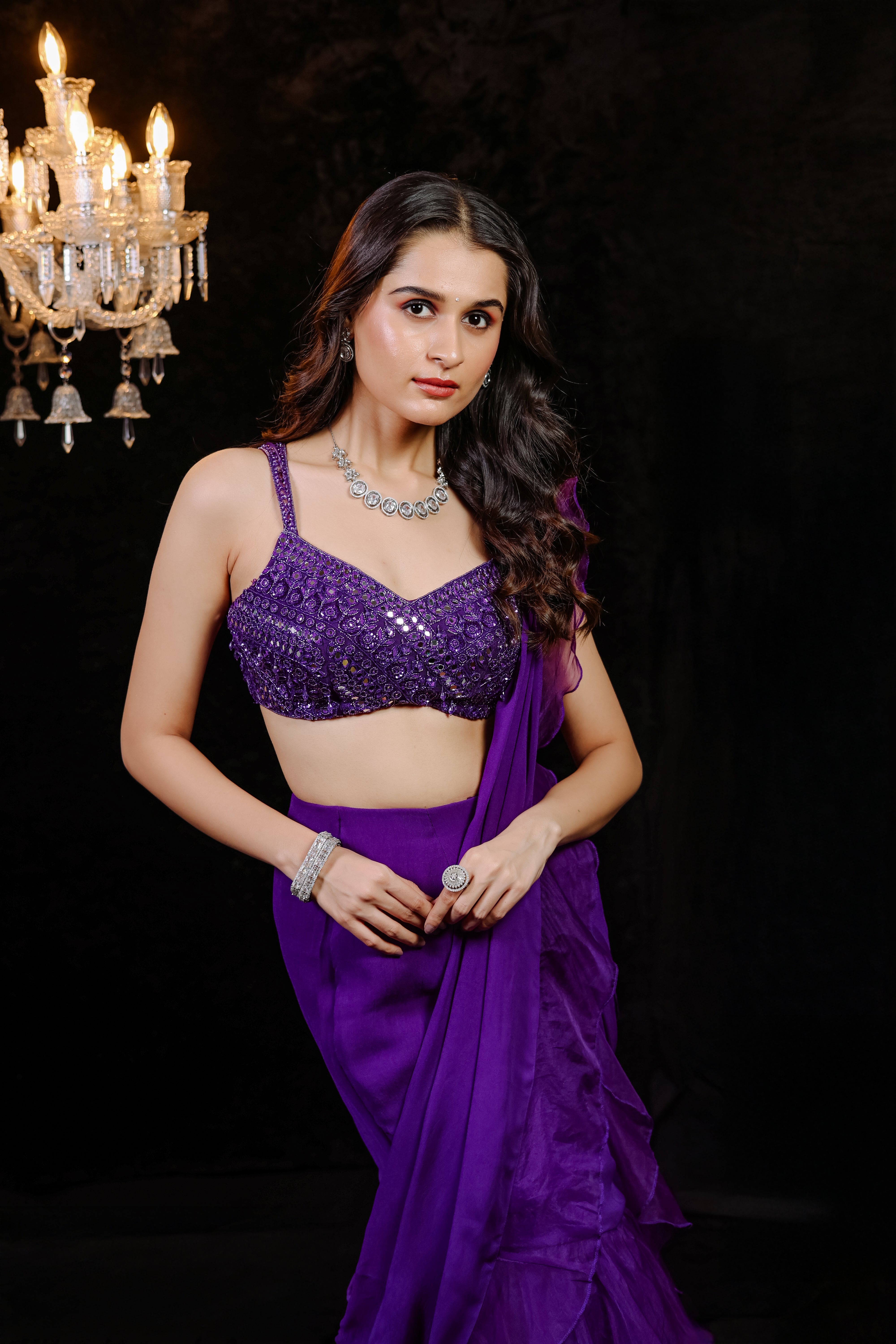 Purple Embroidered Ruffle Pre-Draped  Saree Set (S)
