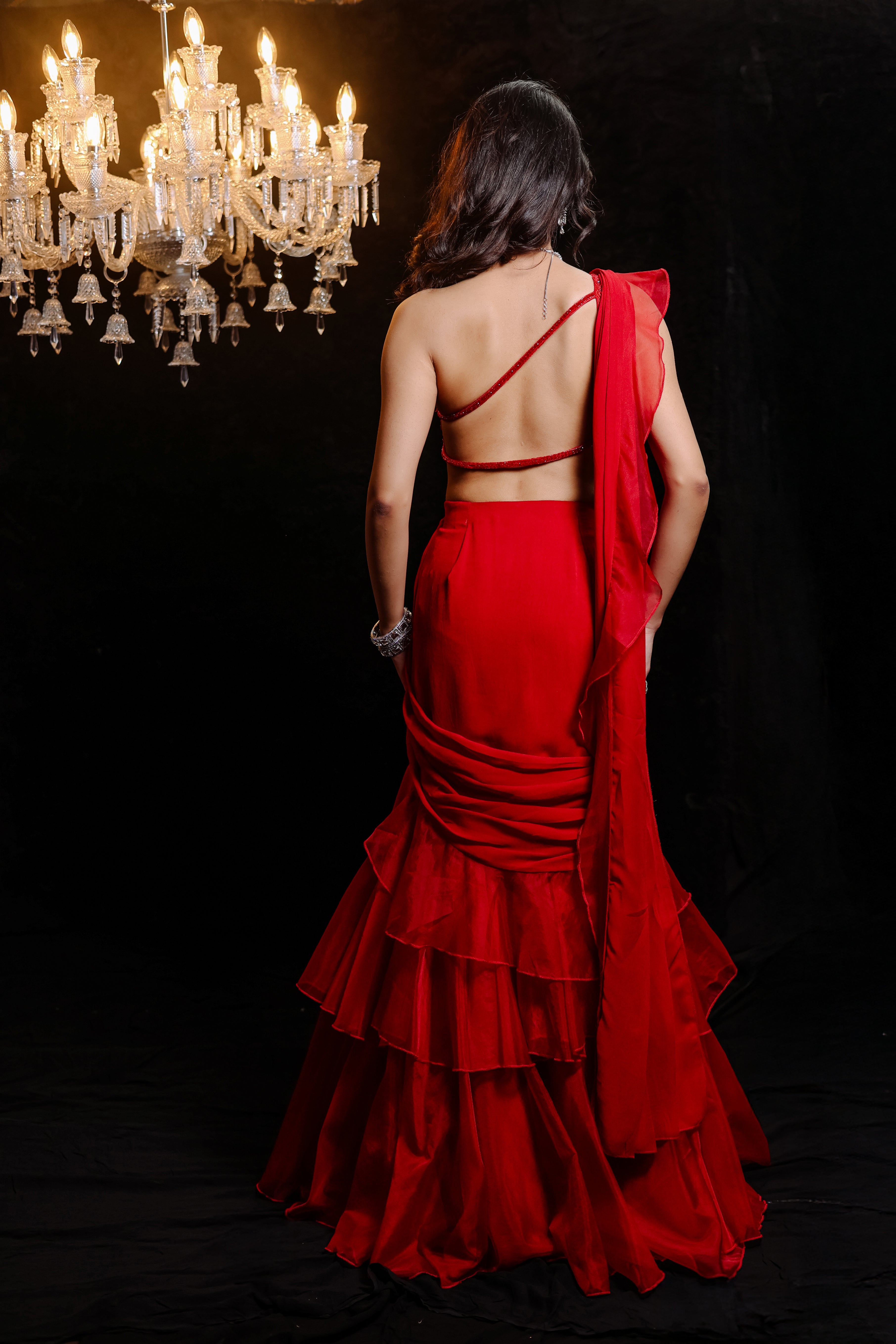 Red Embroidered Ruffle Saree Set