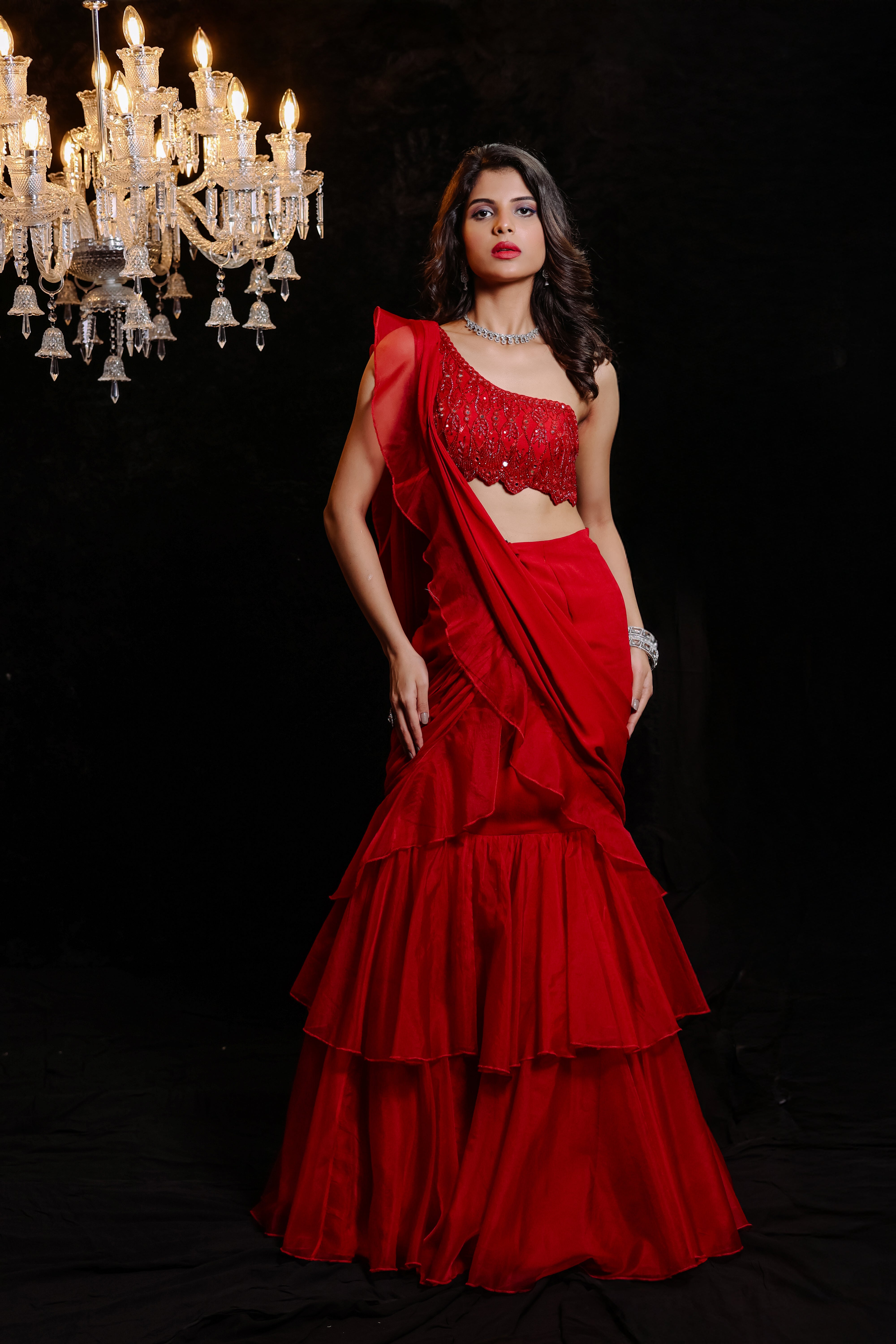 Red Embroidered Ruffle Saree Set
