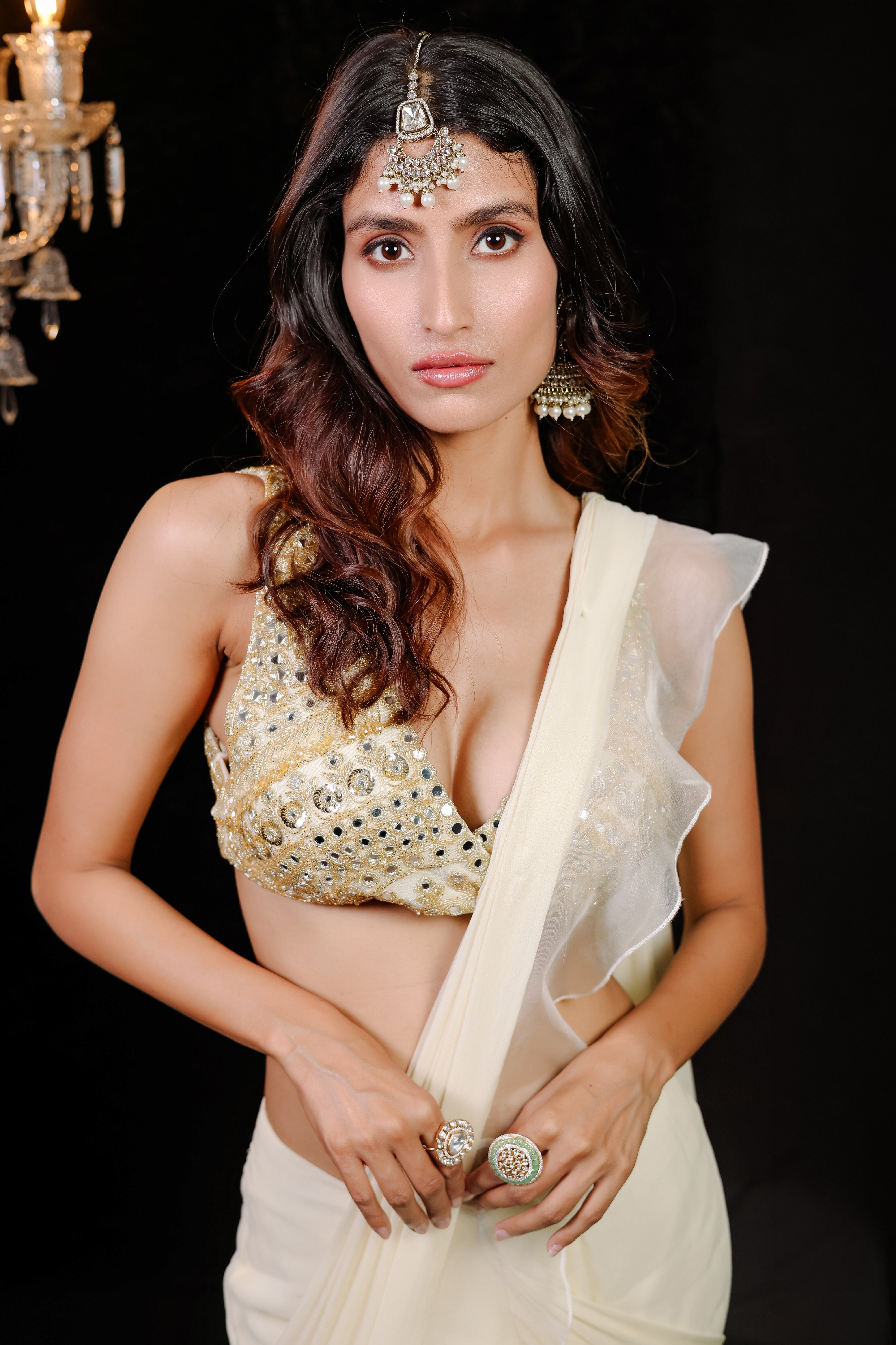 Candle Cream  Embroidered Ruffle Pre-Draped  Saree Set (S)