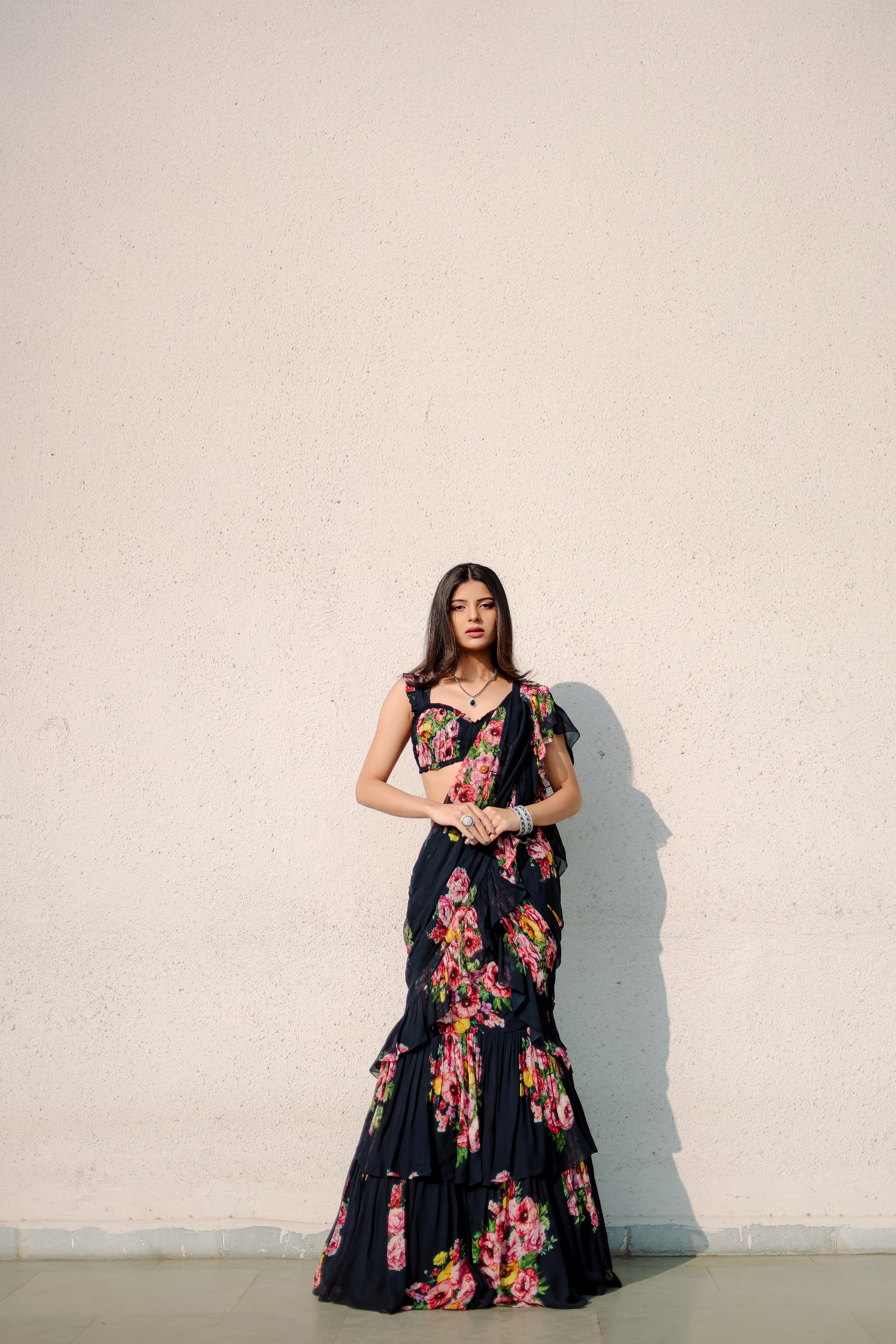 Persian Blue Floral  printed Ruffle Pre-Draped  Saree Set